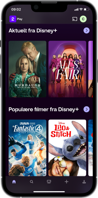Skjermbilde av innhold fra Disney+ i TV 2 Play-appen.