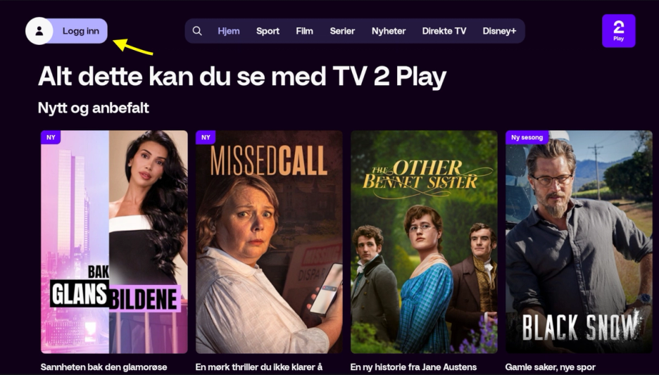 TV-skjerm som viser forsiden til TV 2 Play-appen.