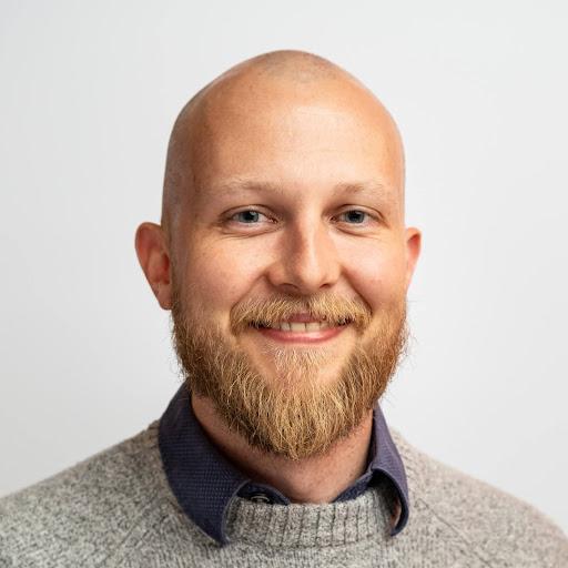 a bald man with a beard is smiling for the camera .