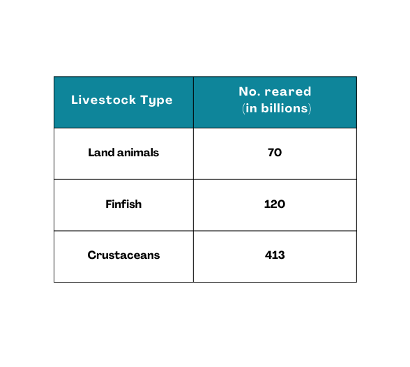 Table showing number of livestock reared in billions: Land animals 70, Finfish 120, Crustaceans 413.