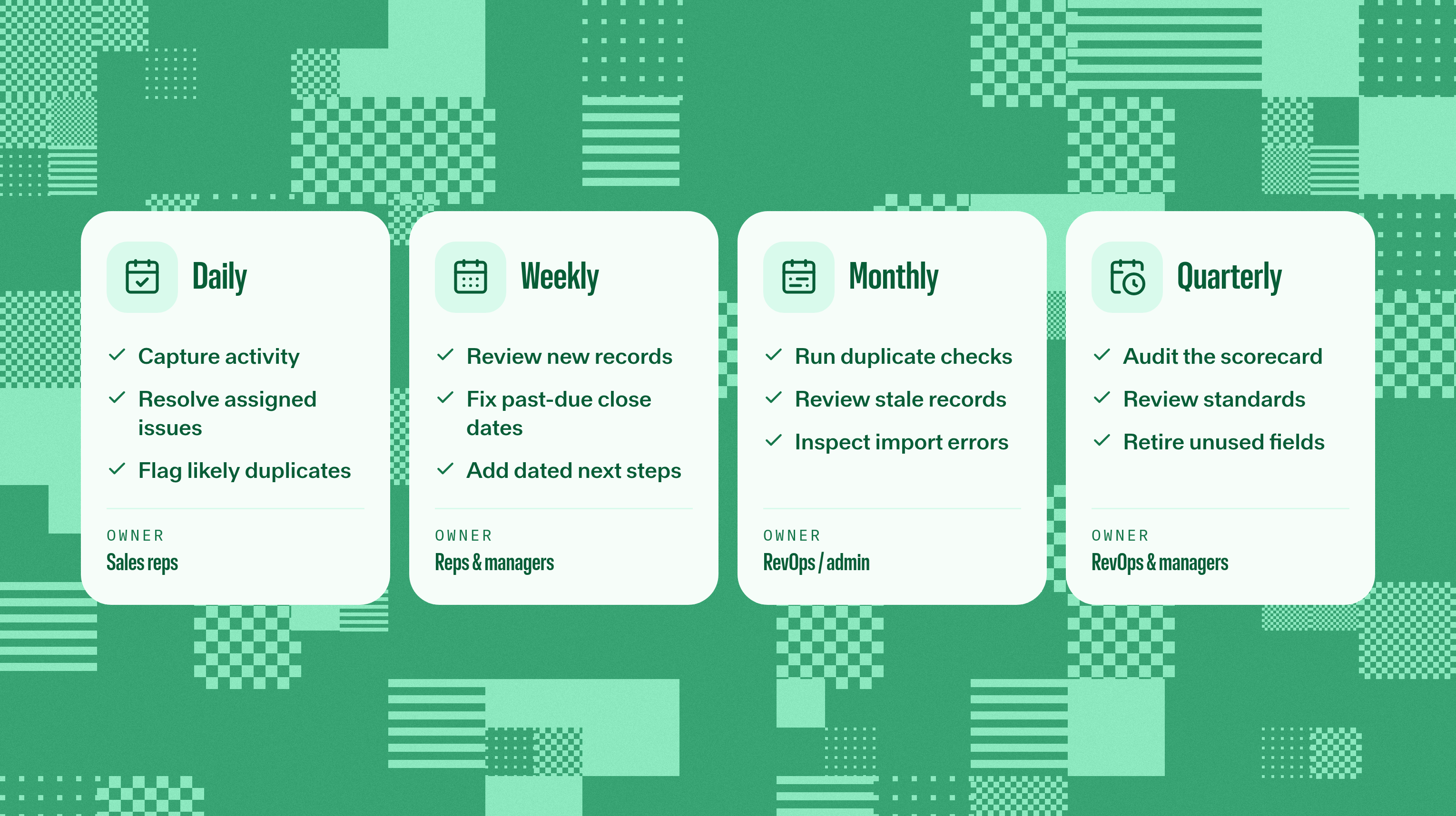 CRM hygiene checklist by daily, weekly, monthly and quarterly tasks