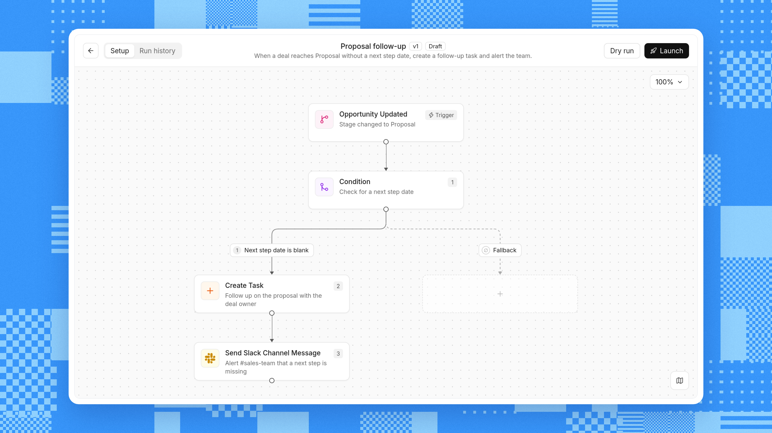 Reevo workflow builder showing a sales automation that creates a follow-up task and sends a Slack alert when a deal reaches Proposal without a next step