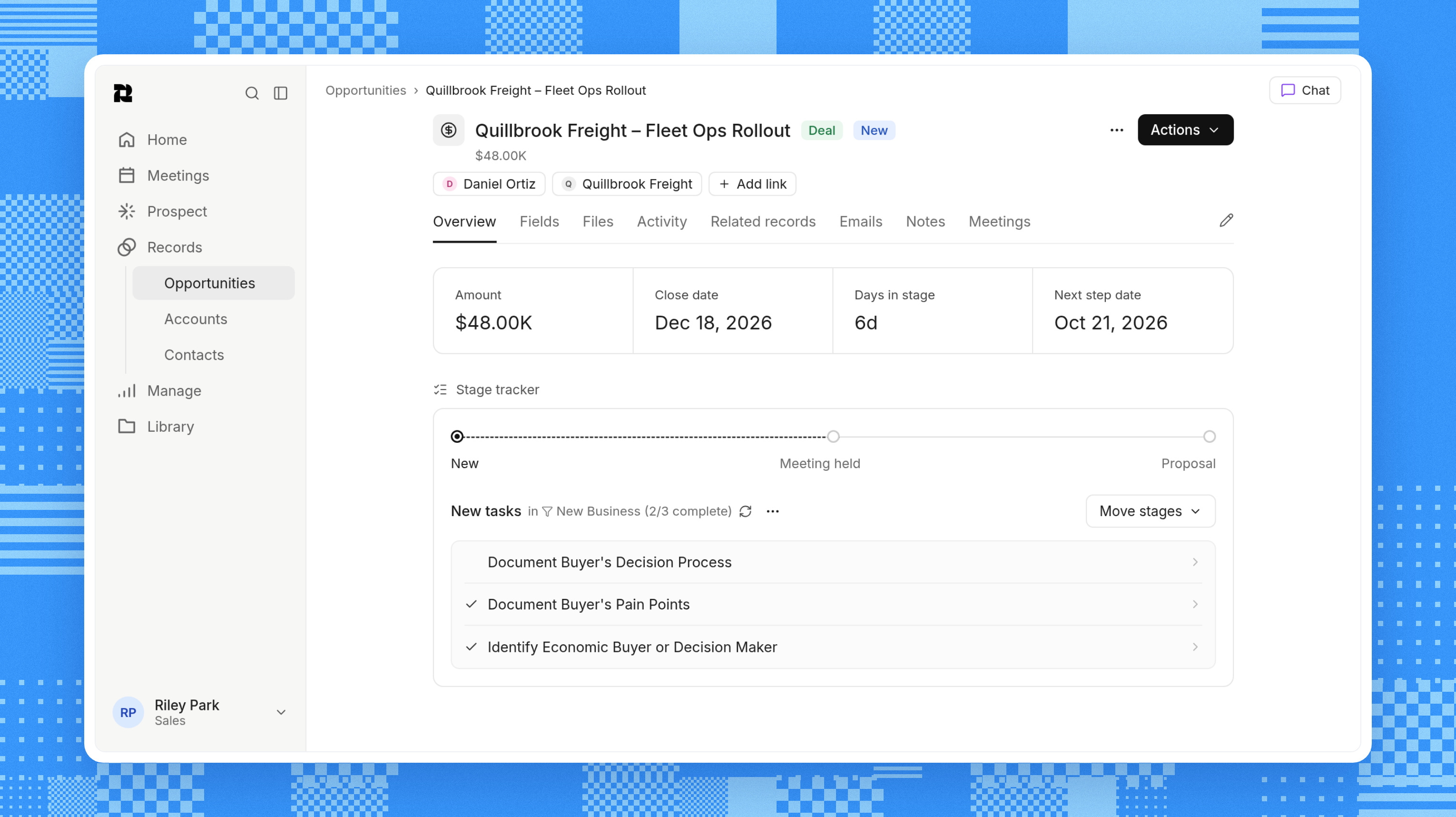 Reevo deal page showing stage requirements, with two of three MEDDPICC items complete before the deal can advance