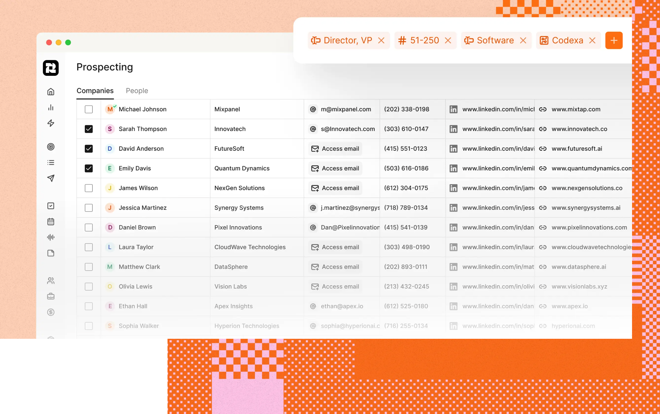 A product screenshot of Reevo's CRM and data enrichment capabilities