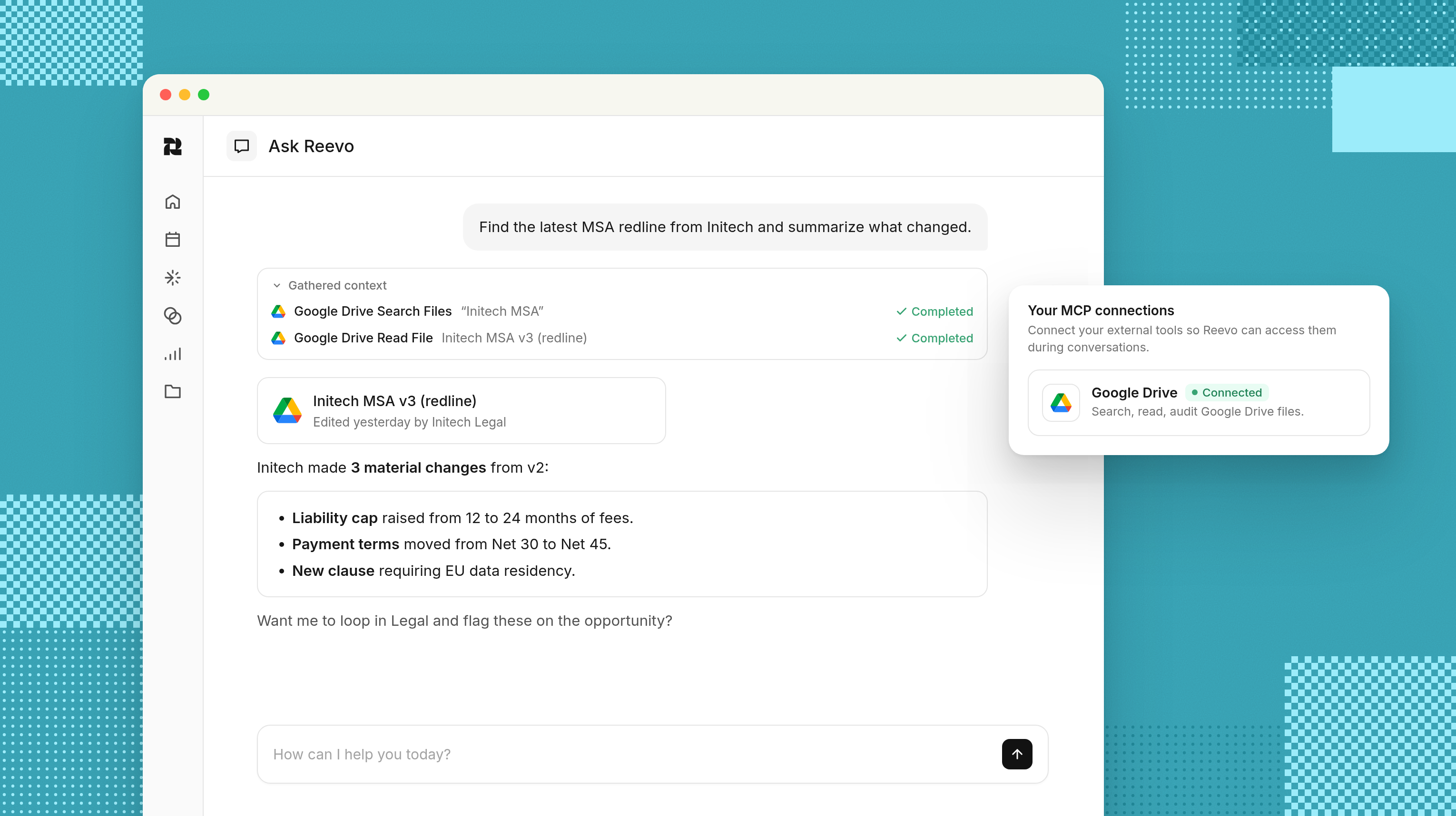A mockup of the MCP connector for Google Drive in Reevo's platform