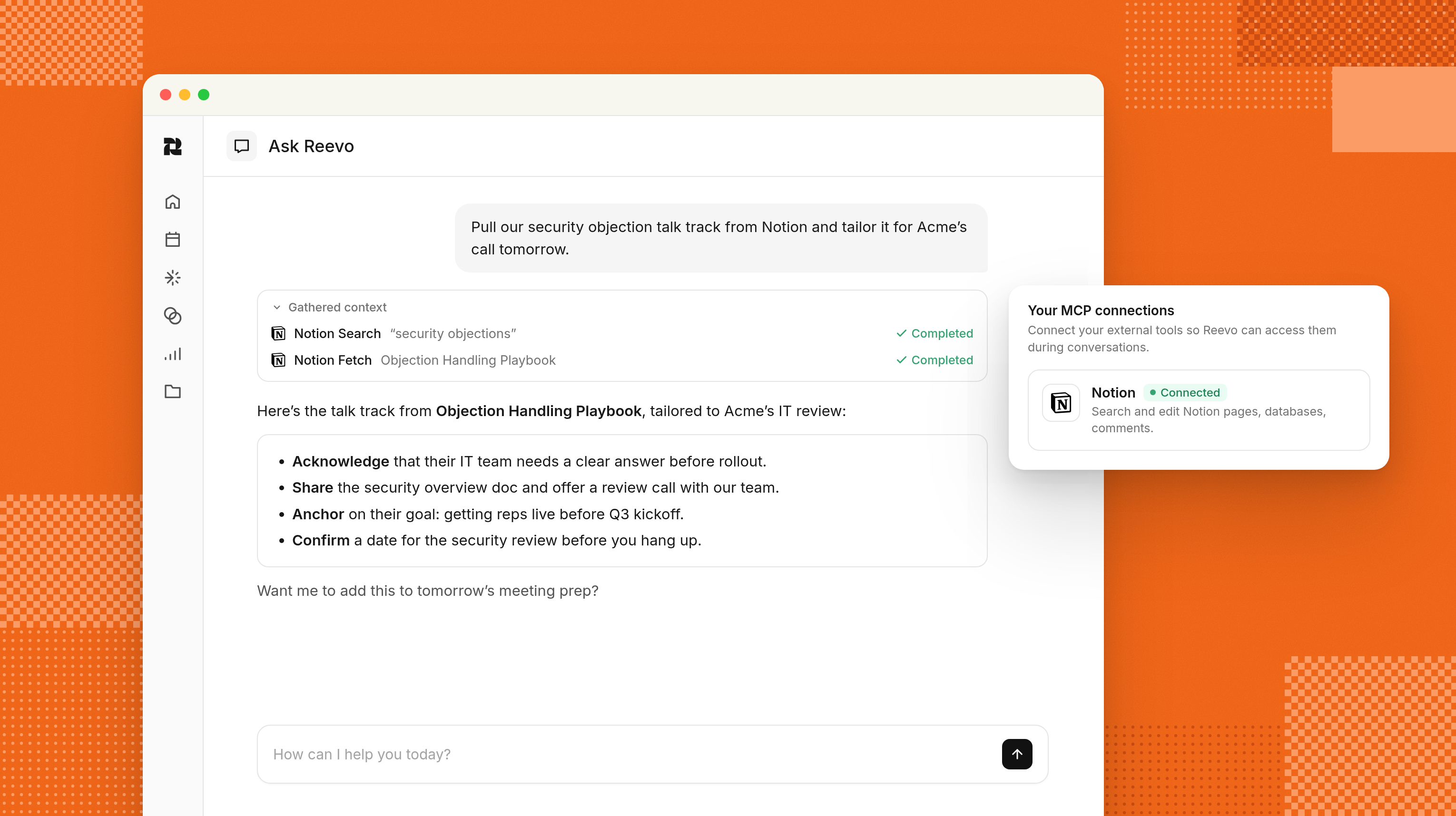 A mockup of the MCP connector for Notion in Reevo's platform