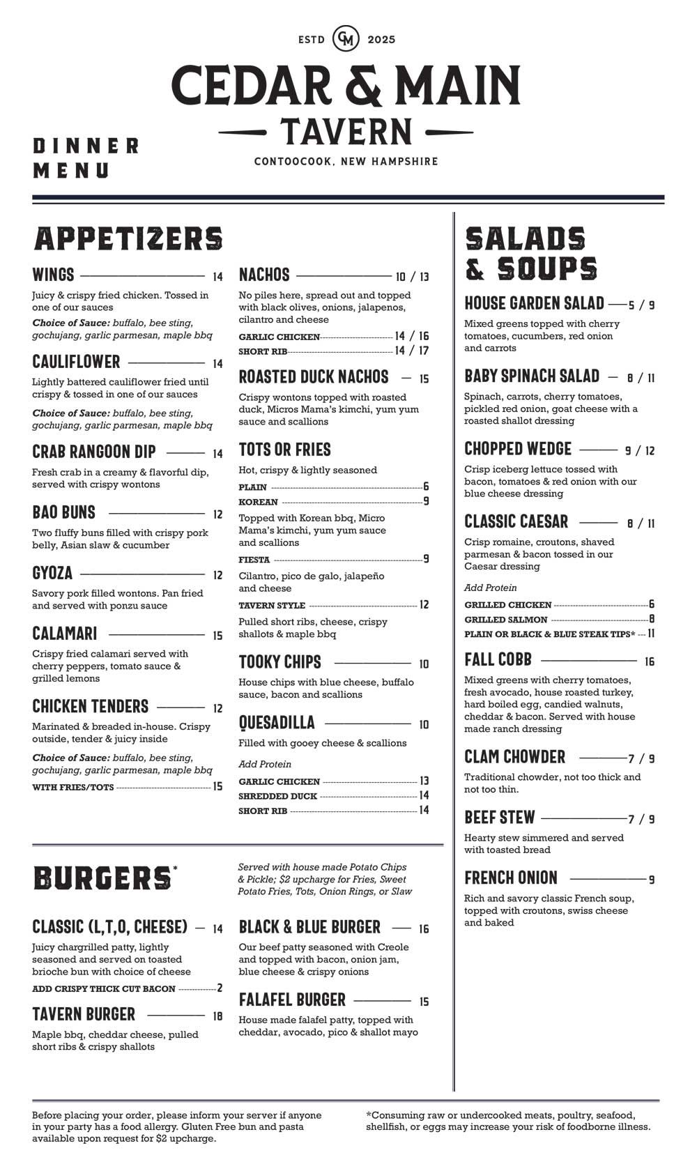 Cedar and Main Menu — Cedar and Main Tavern
