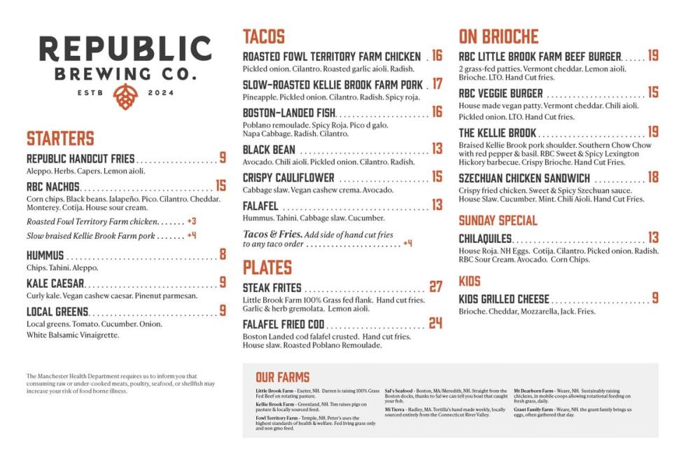 Republic Brewing Company Menu — Republic Brewing Company