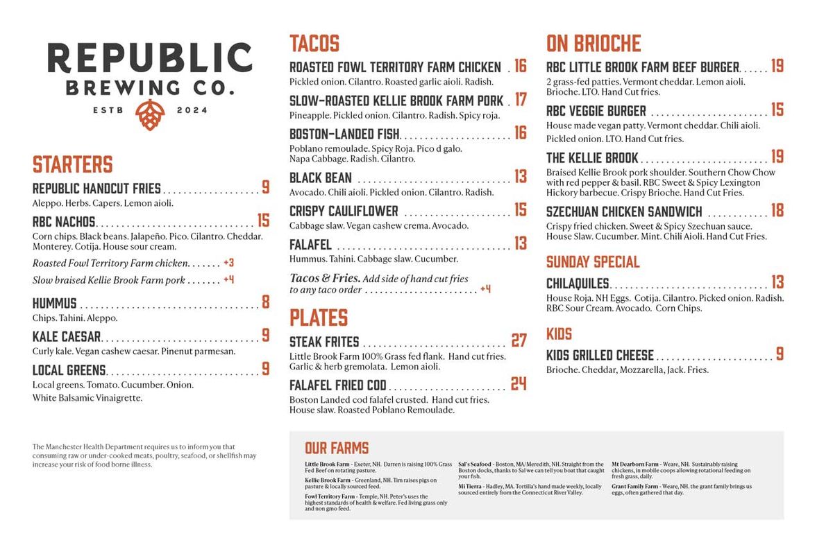 Republic Brewing Company Menu — Republic Brewing Company