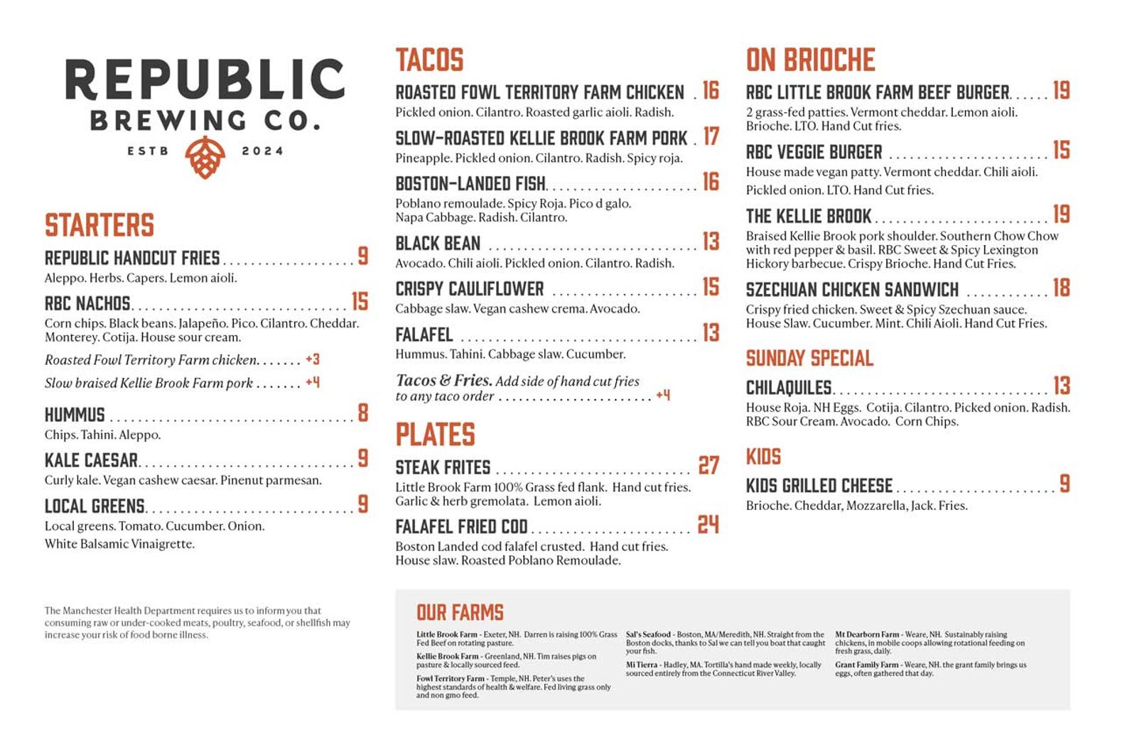 Printed kitchen menu designed for Republic Brewing Company