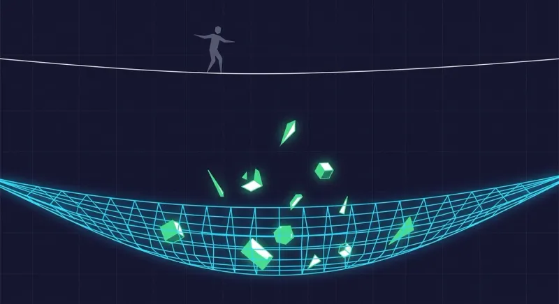 A glowing safety net catching falling shapes, illustrating evals catching silent retrieval failures