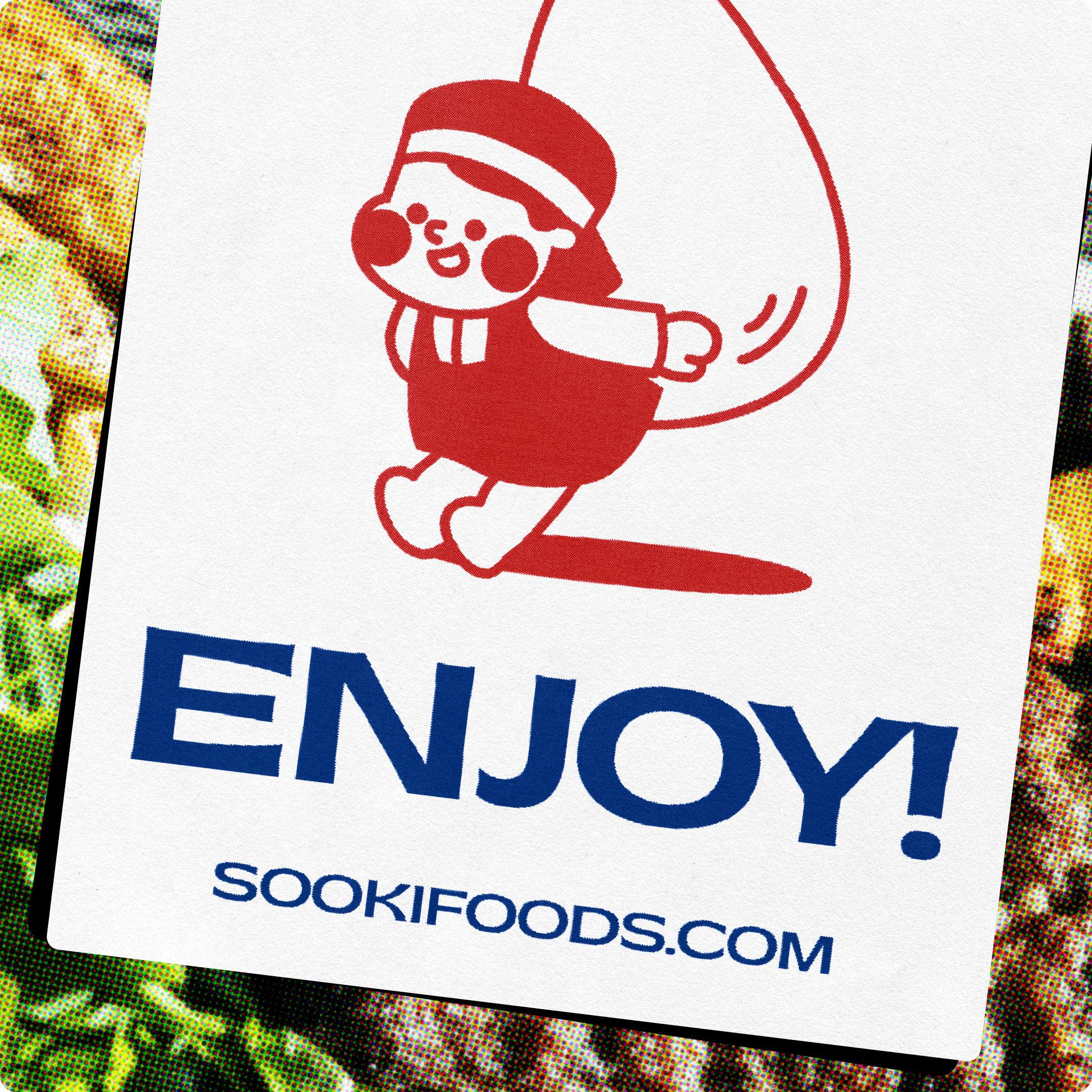 Illustration of character with the word "Enjoy!"