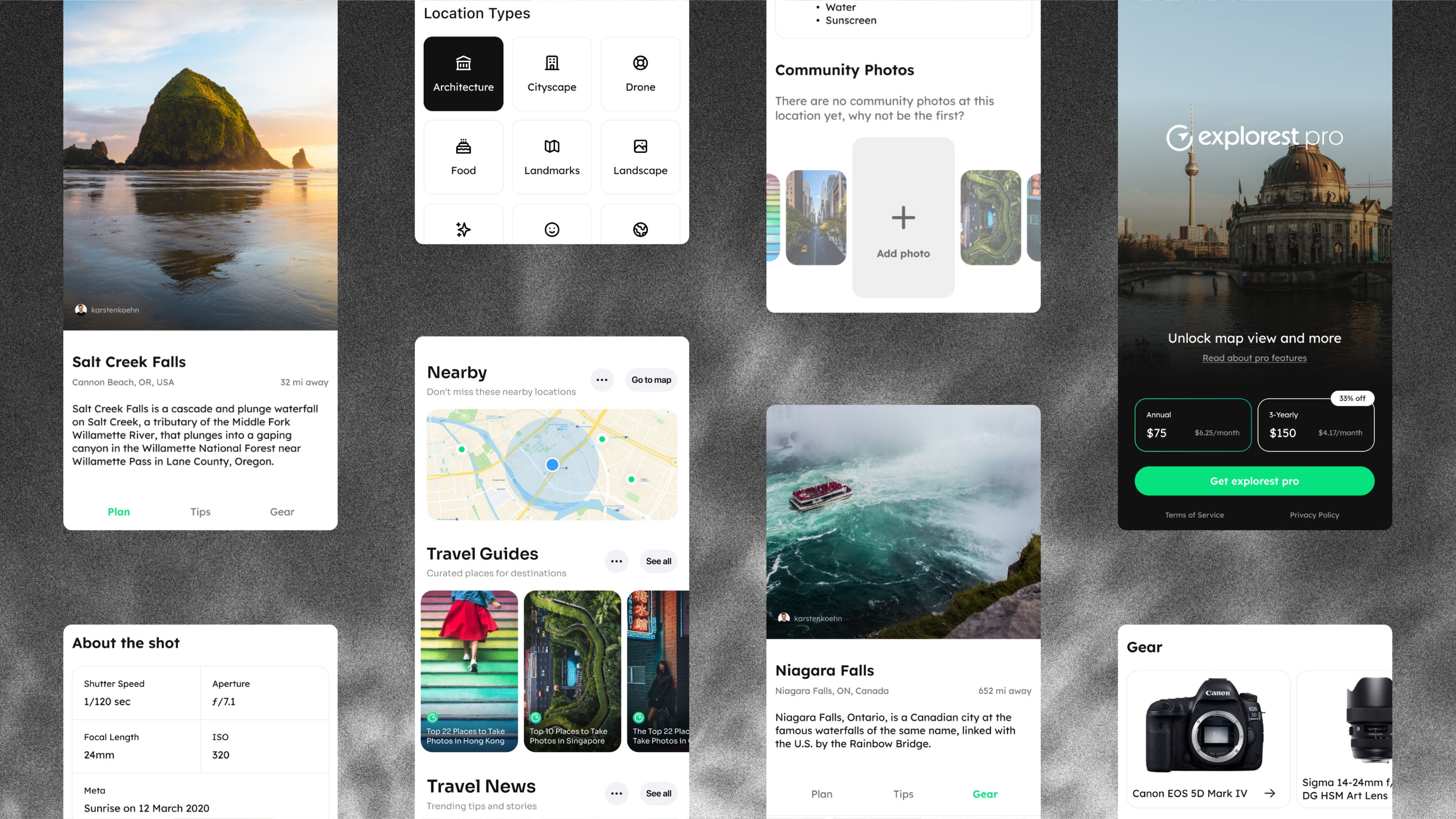 Grid of mobile screens of the Explorest app