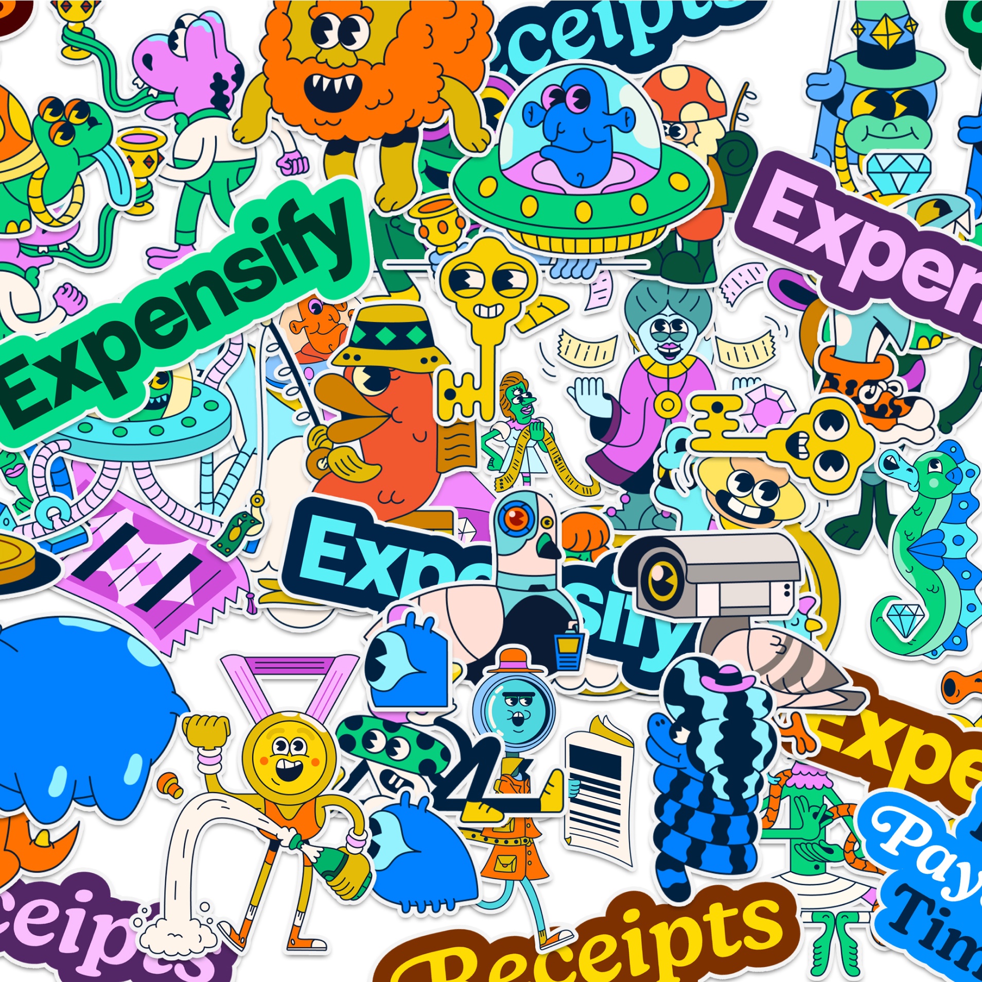 A collage of various Expensify characters and brand assets as stickers.