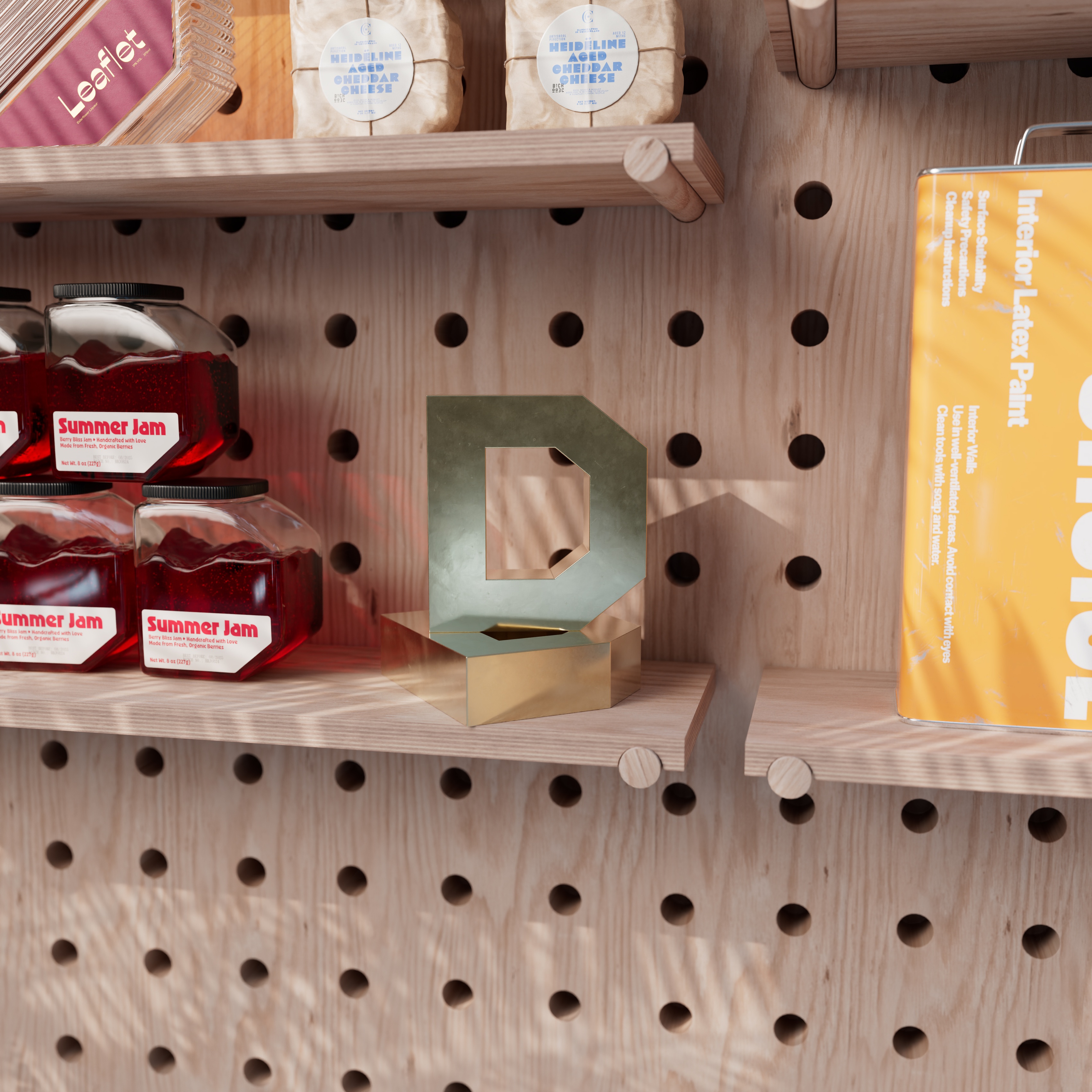Gold trophy sitting on a pegboard shelf