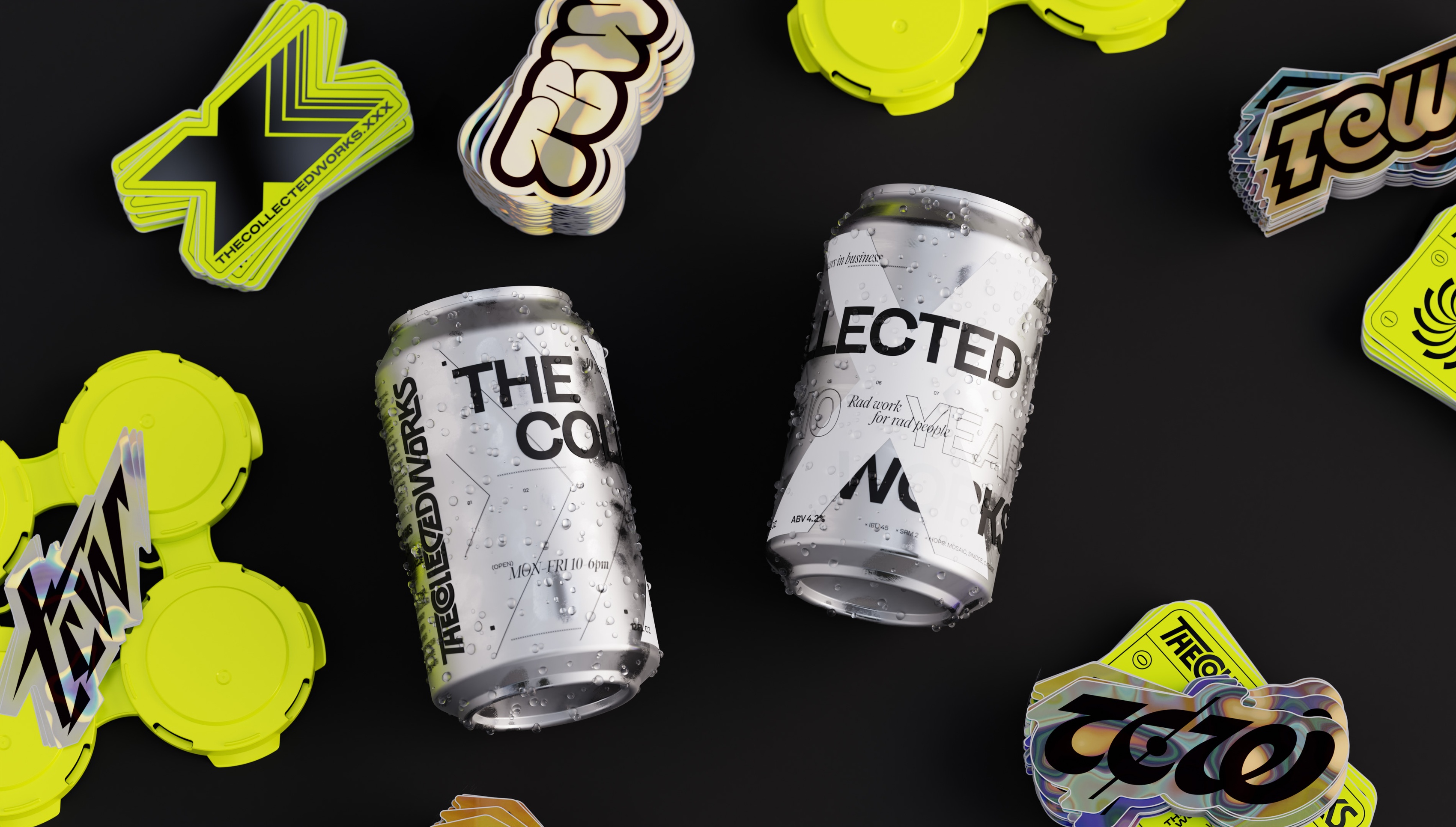 The Collected Works 10 Year Party beer cans, stickers, and hi-vis pakteks.
