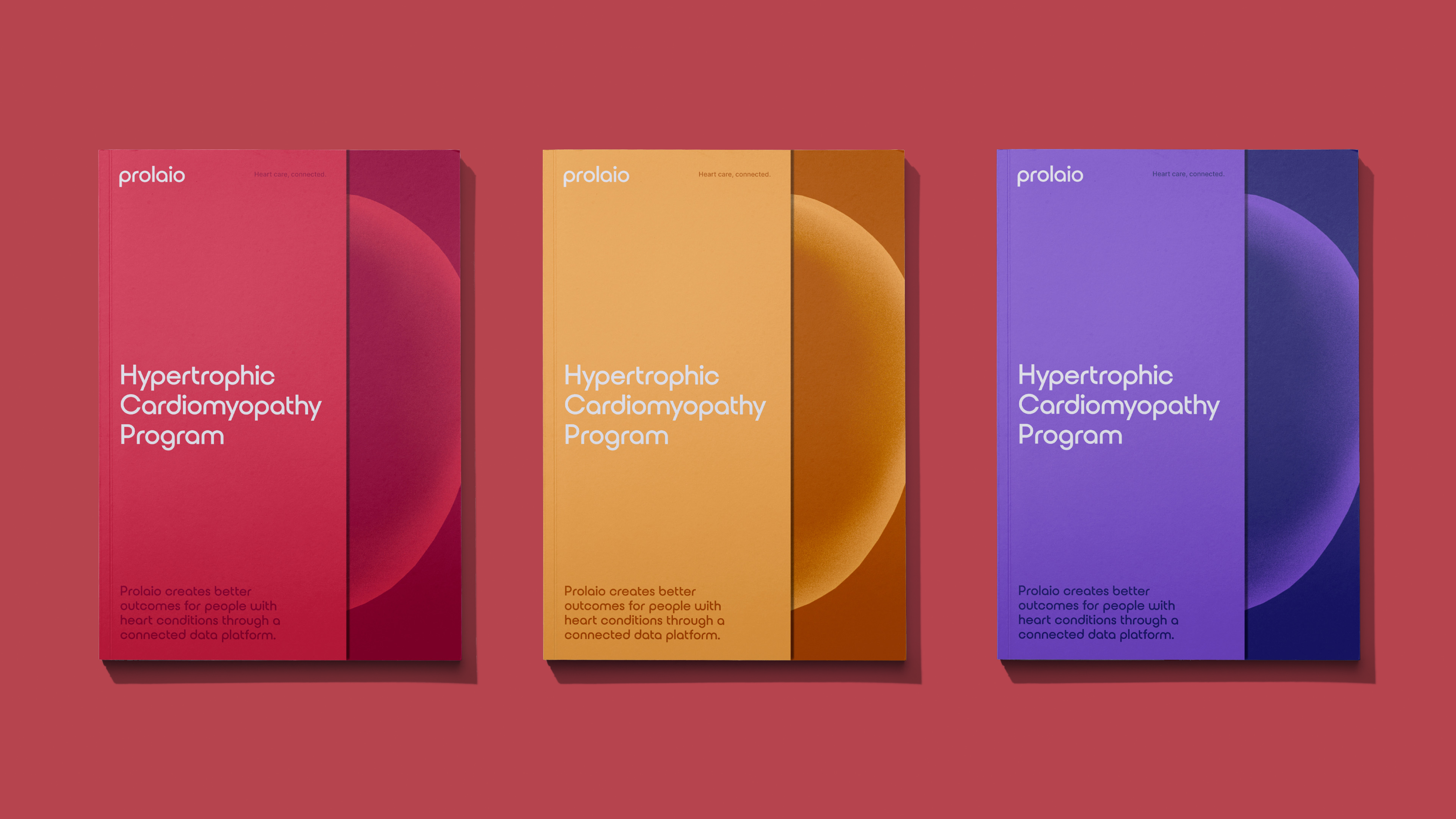 Prolaio's Hypertrophic Cardiomyopathy Program brochures from left to right: red, yellow, purple, on soft pink background