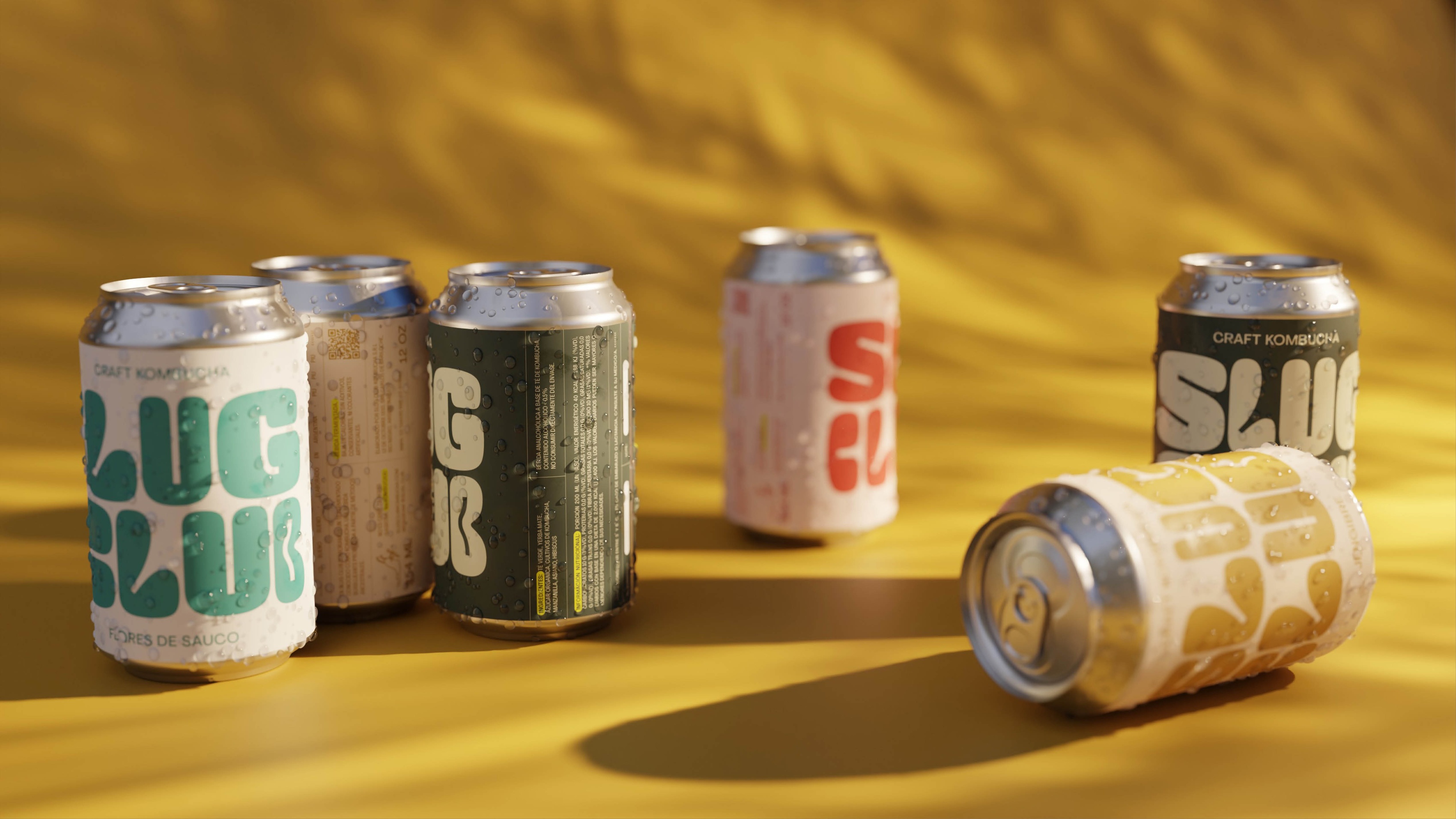 Rendering of six Slug Club cans on a yellow backdrop with shadows