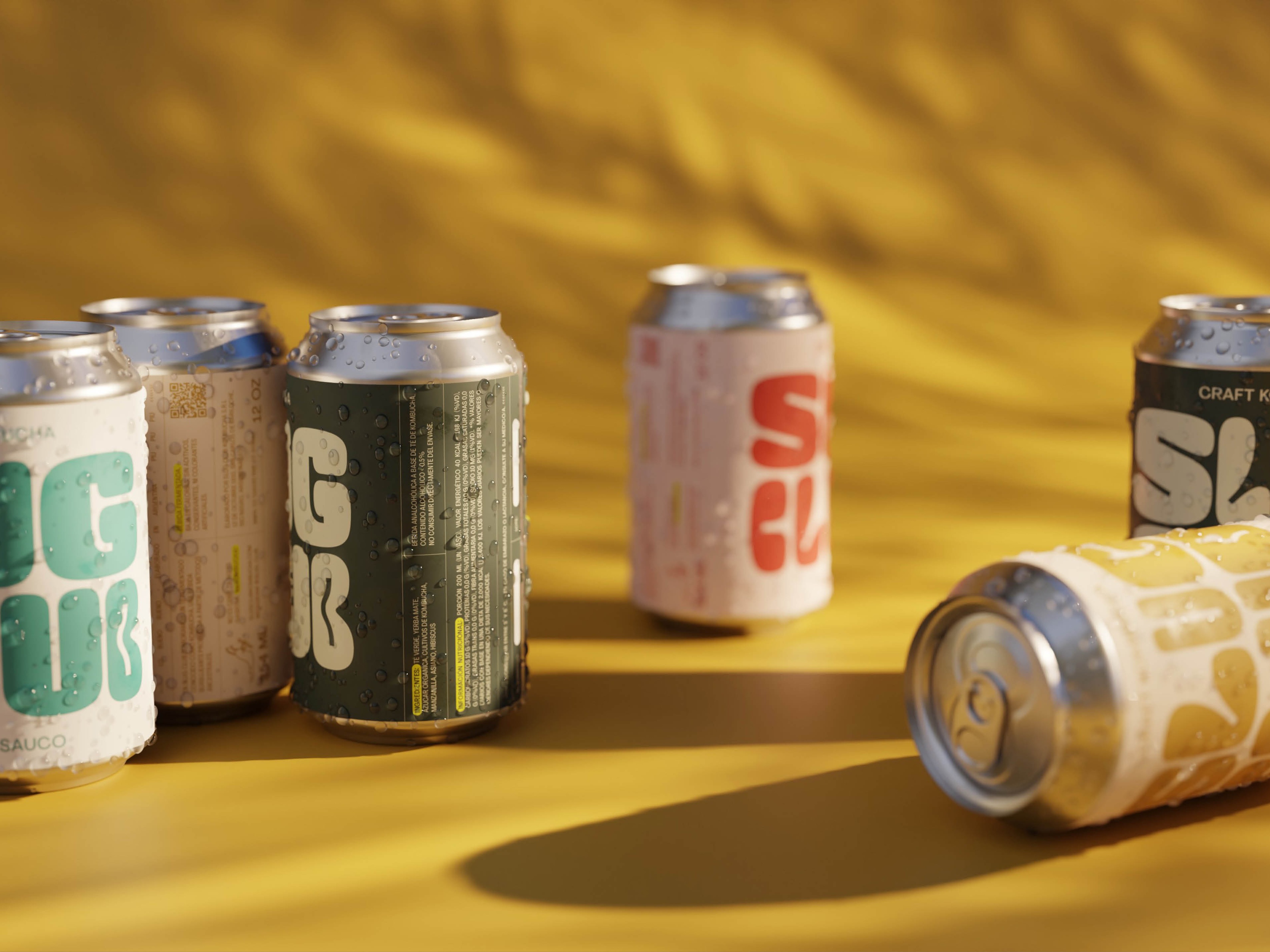 Rendering of six Slug Club cans on a yellow backdrop with shadows