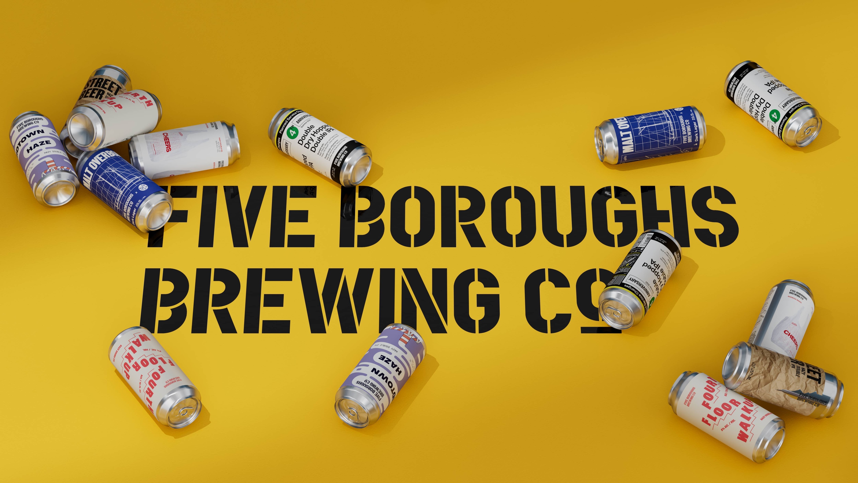 A bunch of Five Boroughs Brewing cans sprawled over the logo on a yellow background