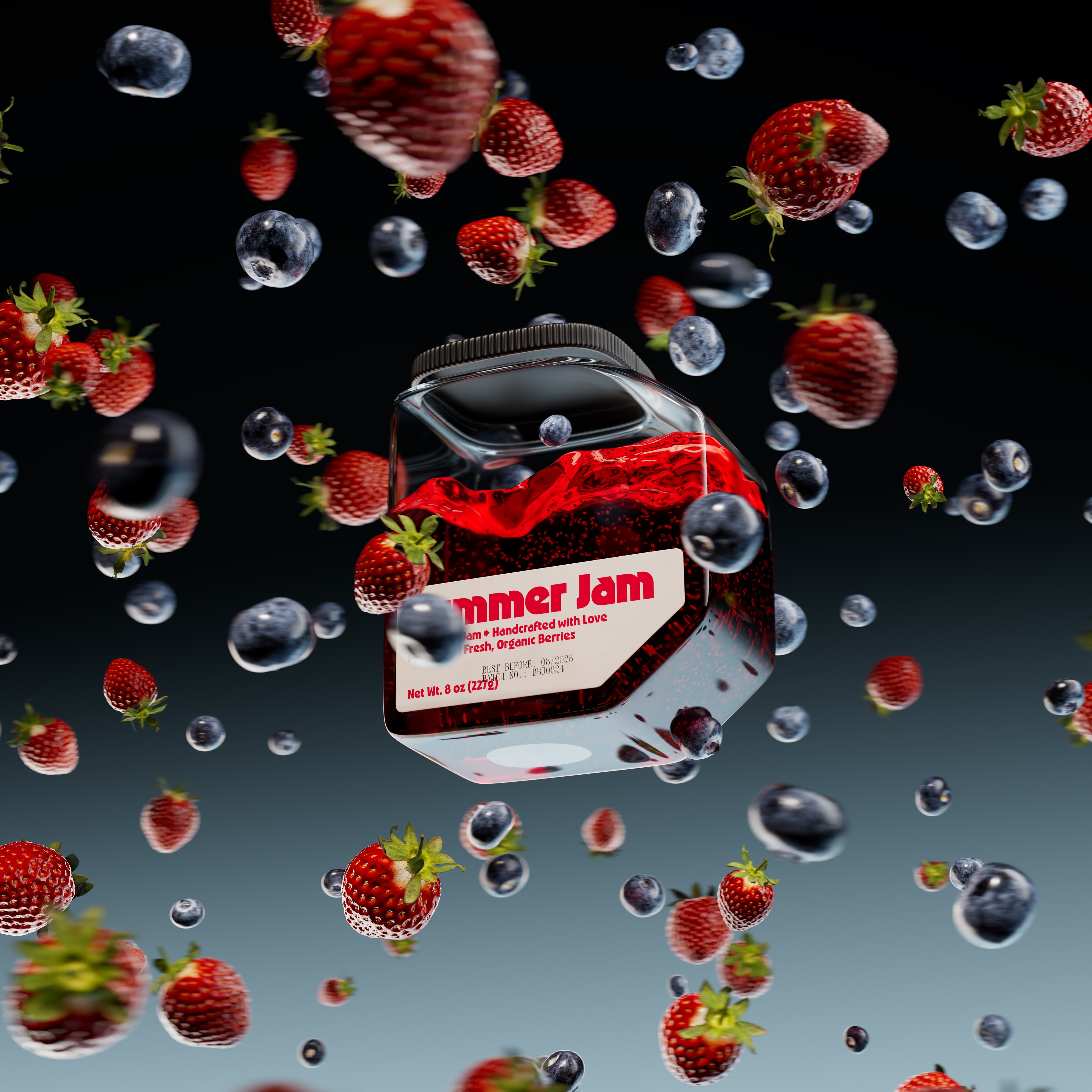 Jam jar floating in the air surrounded by berries