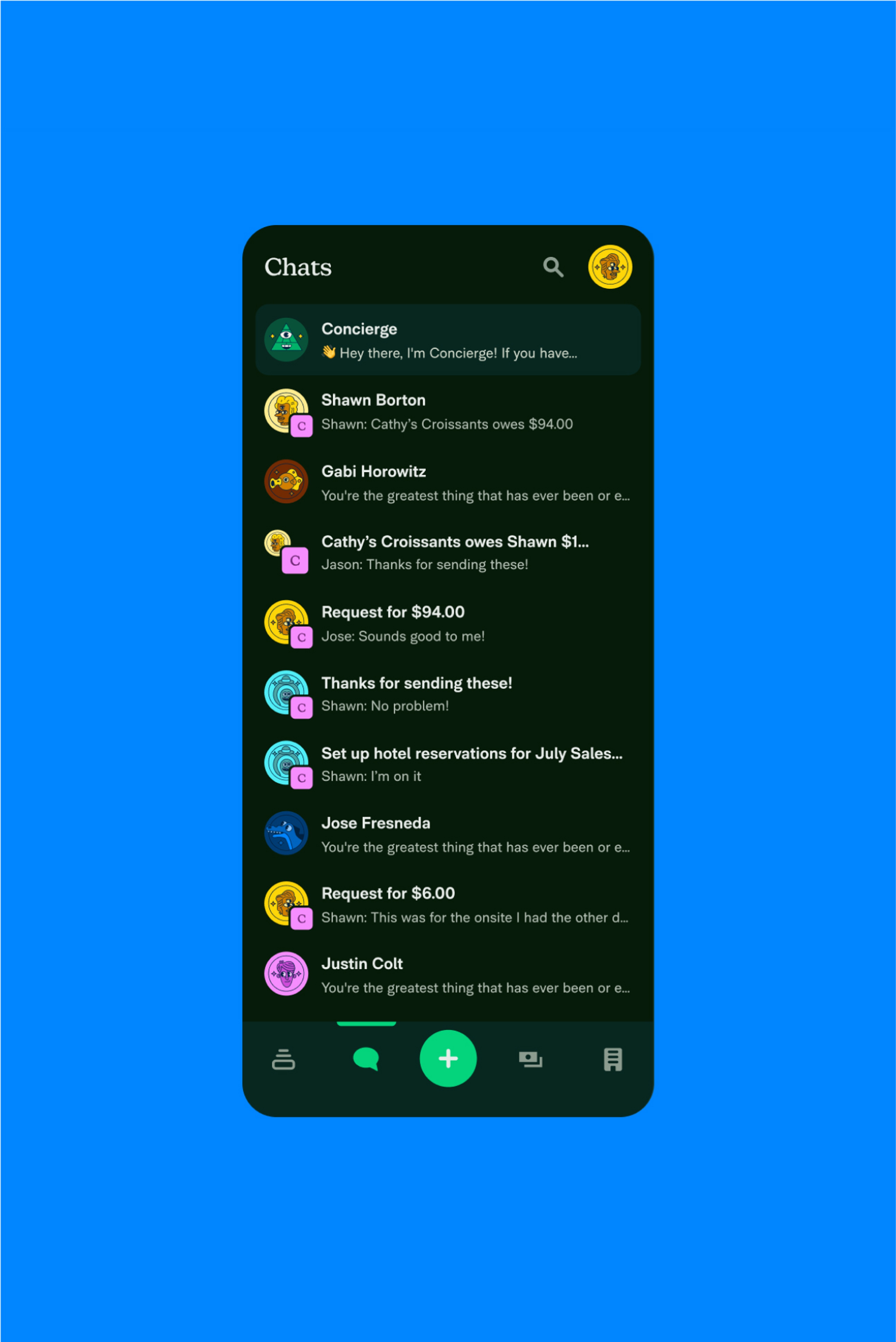 A screenshot of the Expensify app showing a list of chats