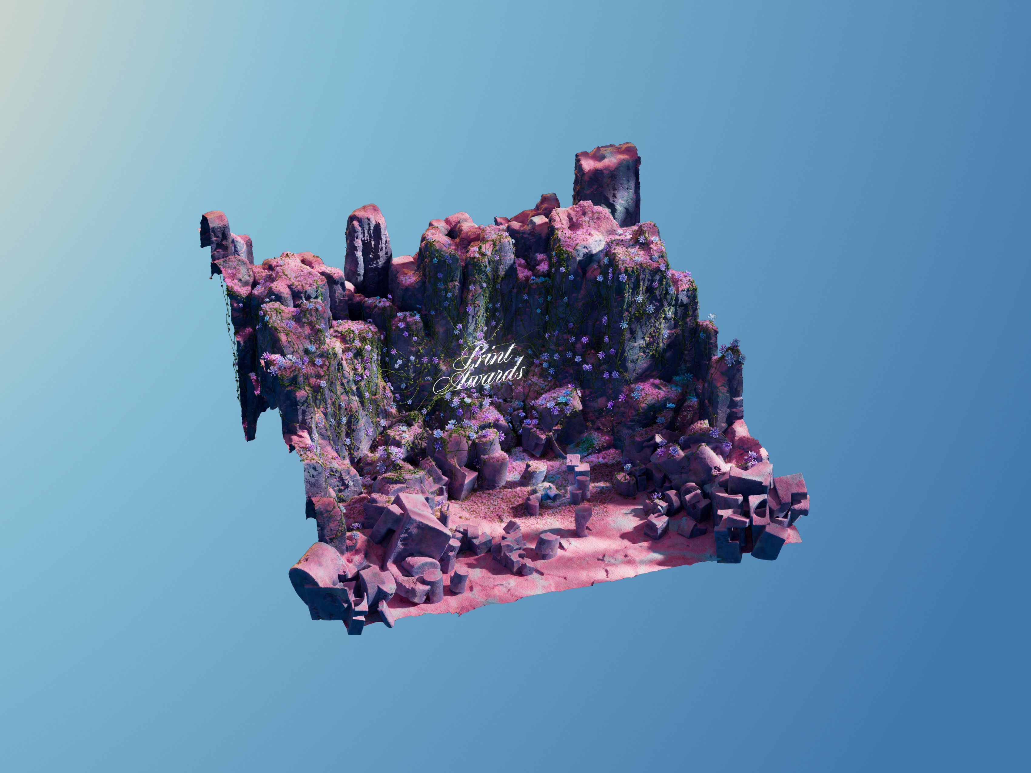 Diorama view of a nature scene, with Print Awards type in the center