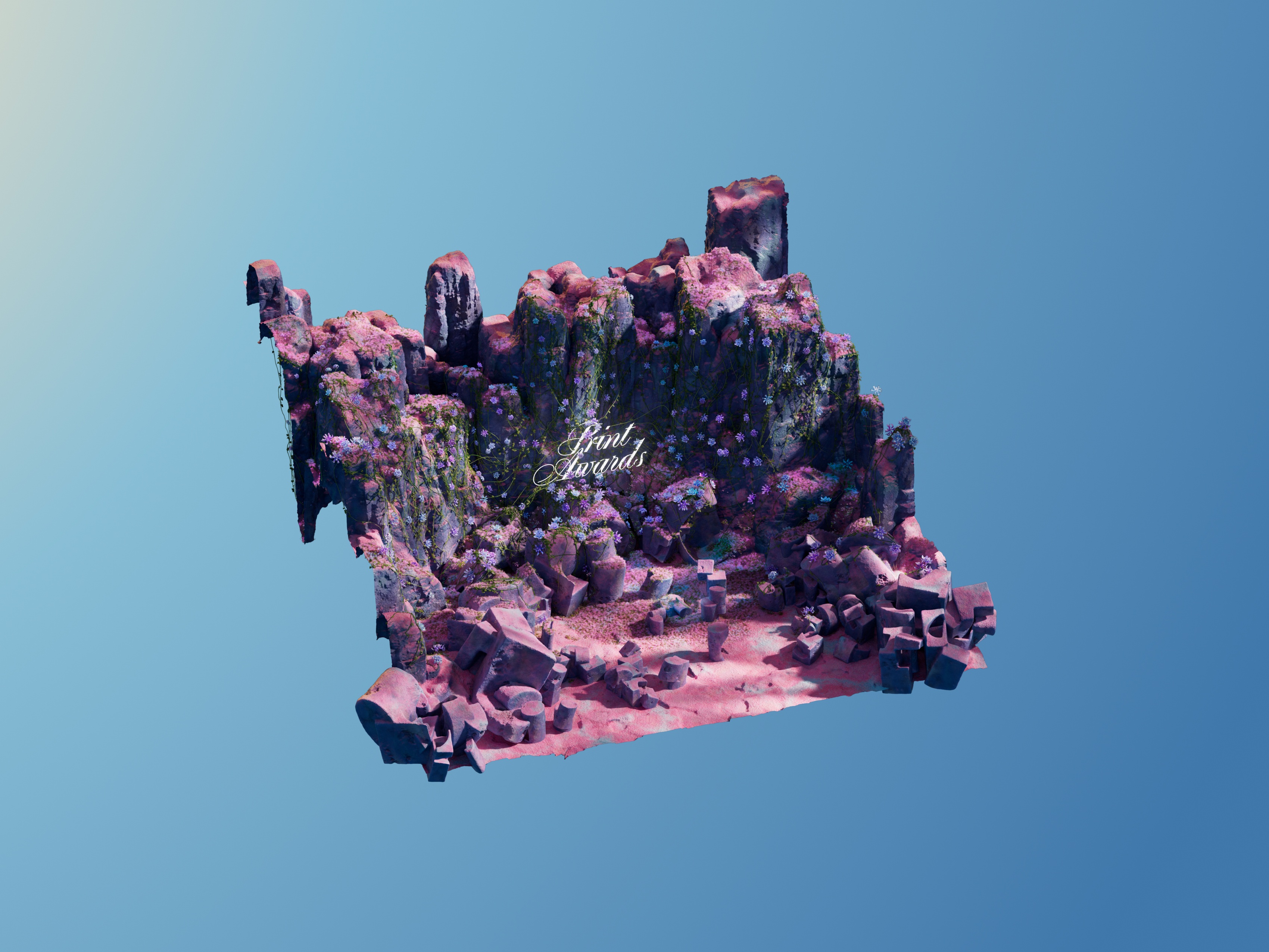 Diorama view of a nature scene, with Print Awards type in the center