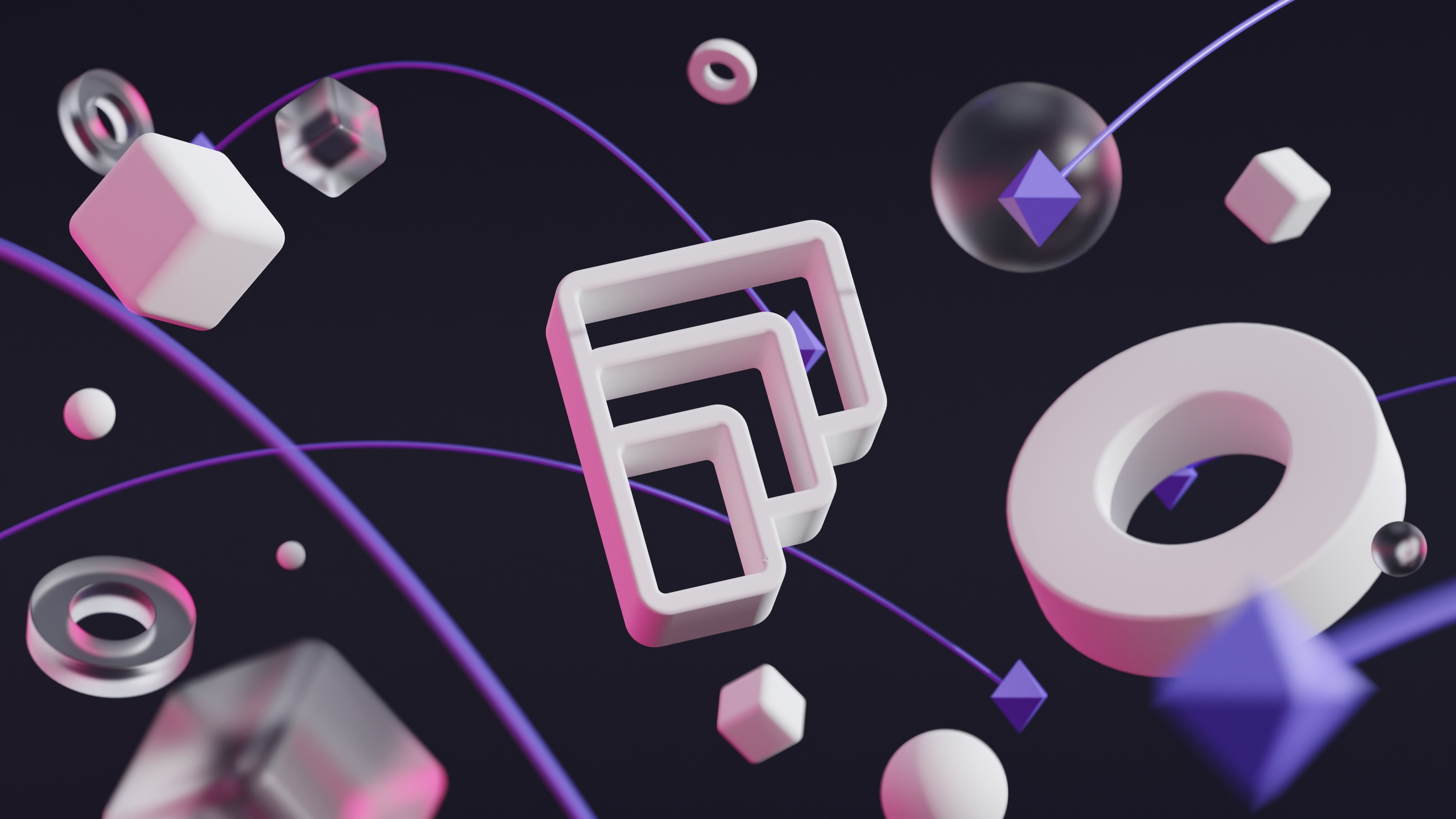 3D rendering of the Fable "F" logo, with other 3D shapes floating around it on a purple backdrop