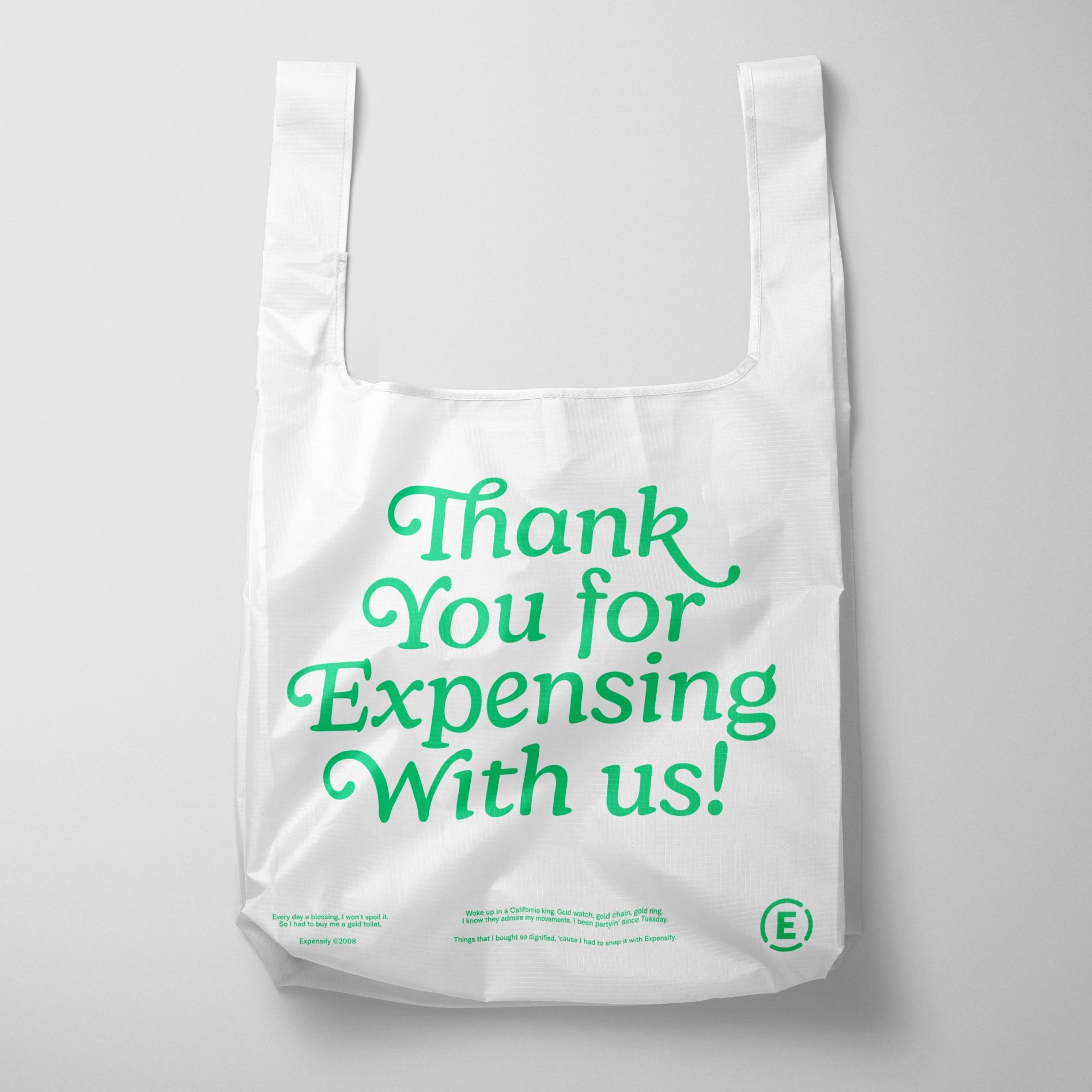 A custom Baggu bag that says "Thank you for Expensing with us"