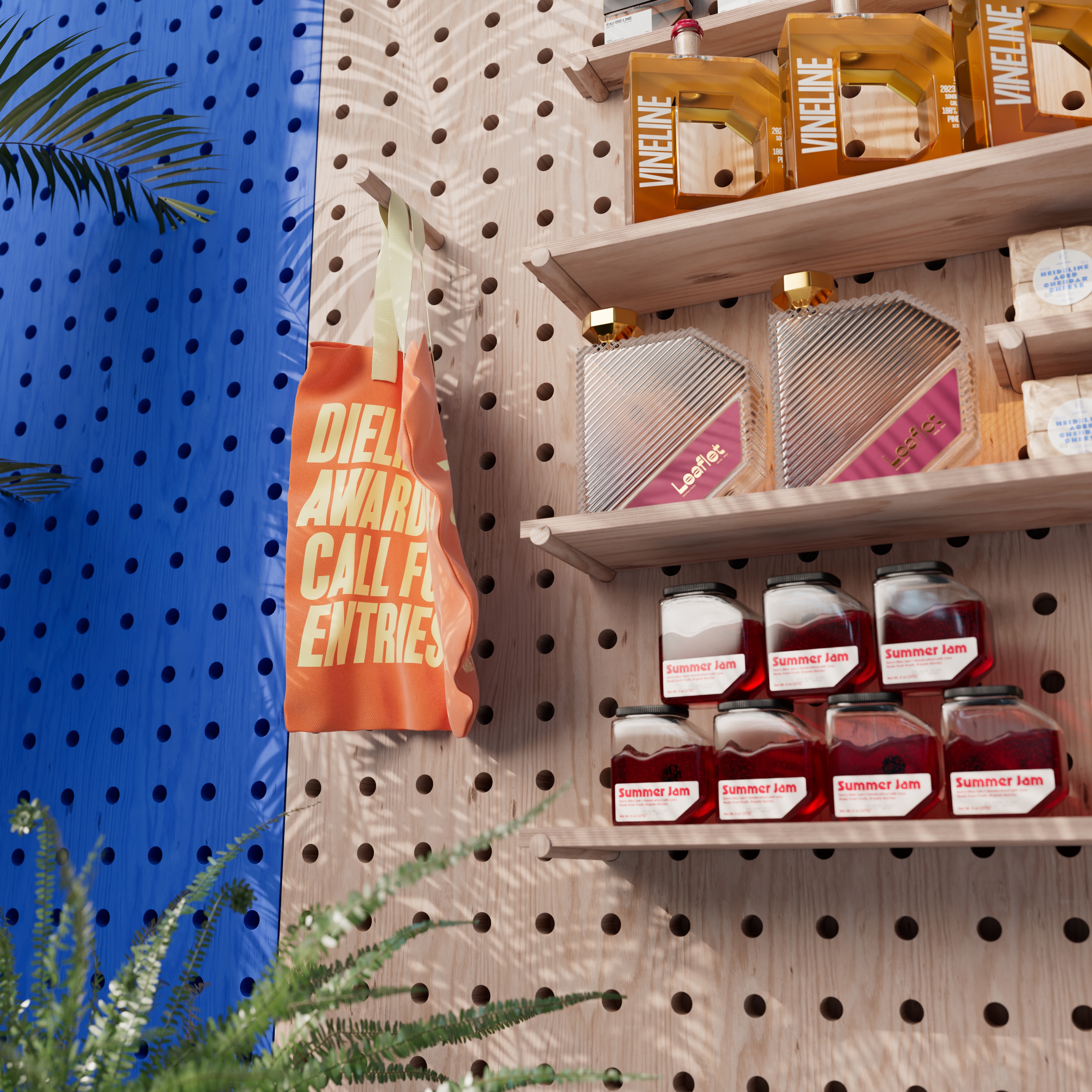 Many products shaped like a D sitting on a pegboard shelf
