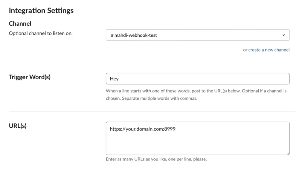slack integration settings screenshot