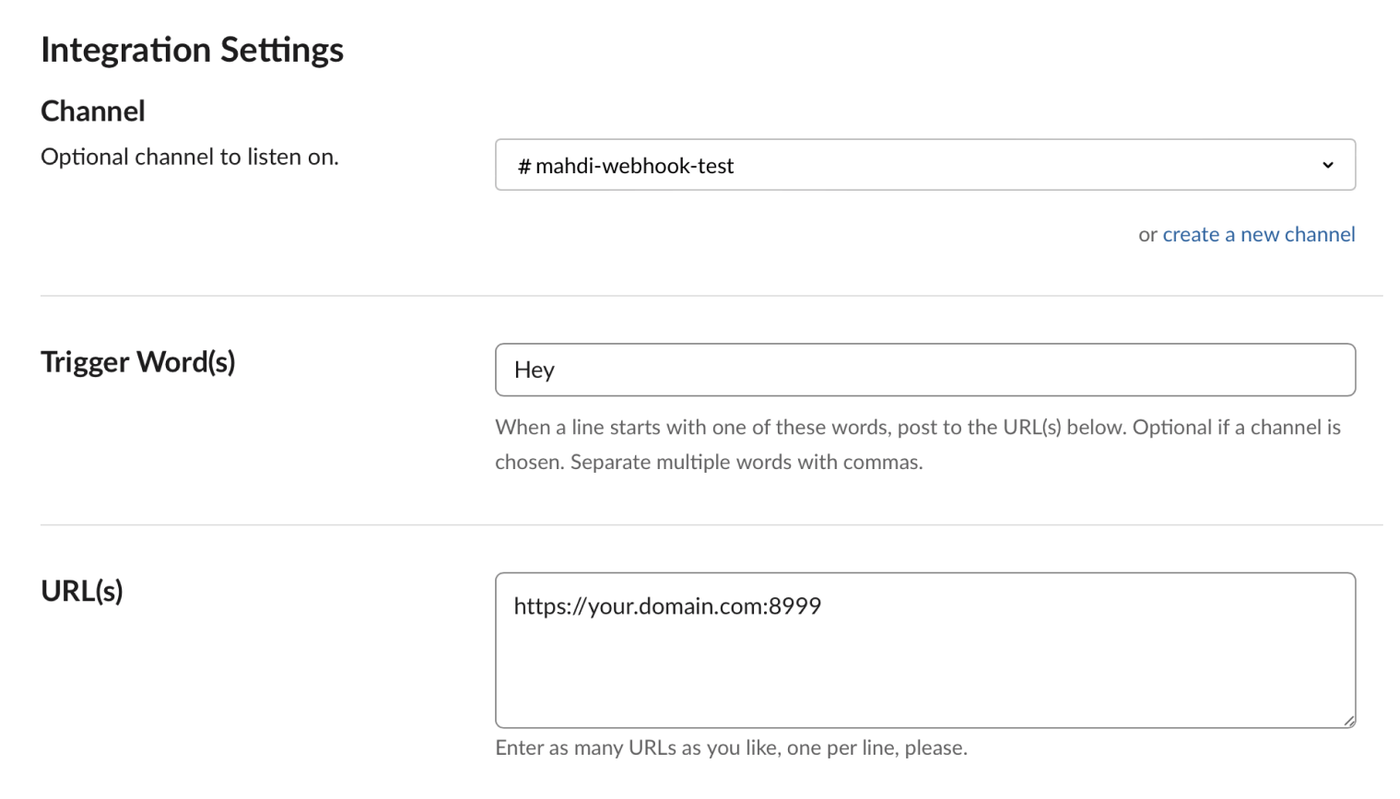 slack integration settings screenshot