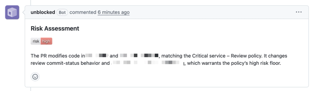 A screenshot of GitHub UI showing Unblocked Code Review write a real risk assessment on a recent PR at Unblocked
