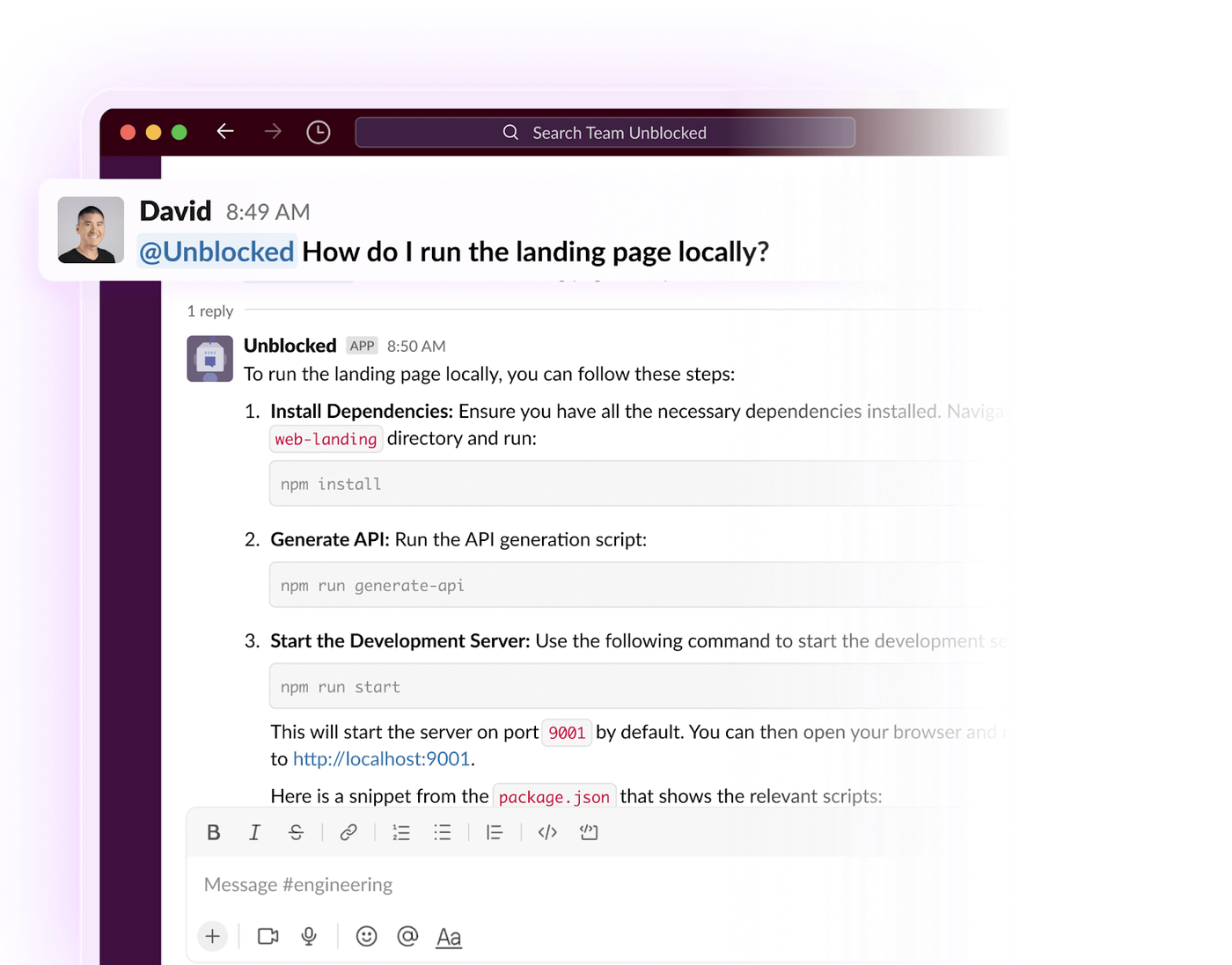 Unblock screenshot, Slack integration Question and Answer