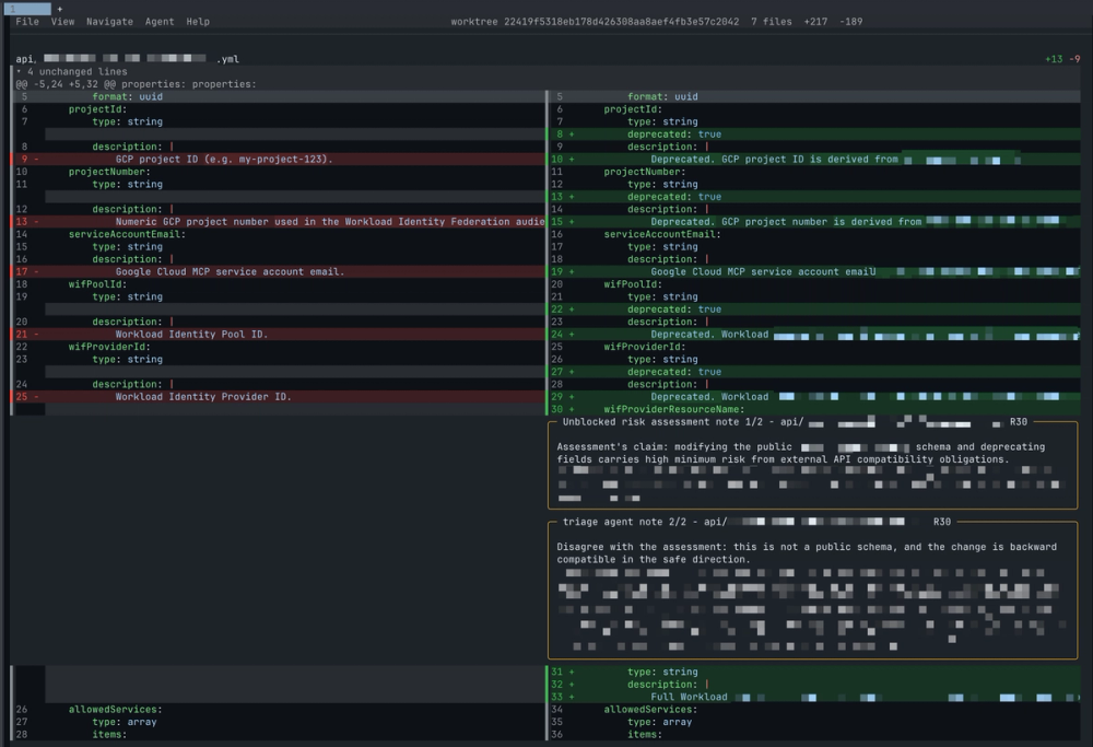 A look at a local terminal with Hunk Diff viewer showing Risk label notes and Agent assessment notes.