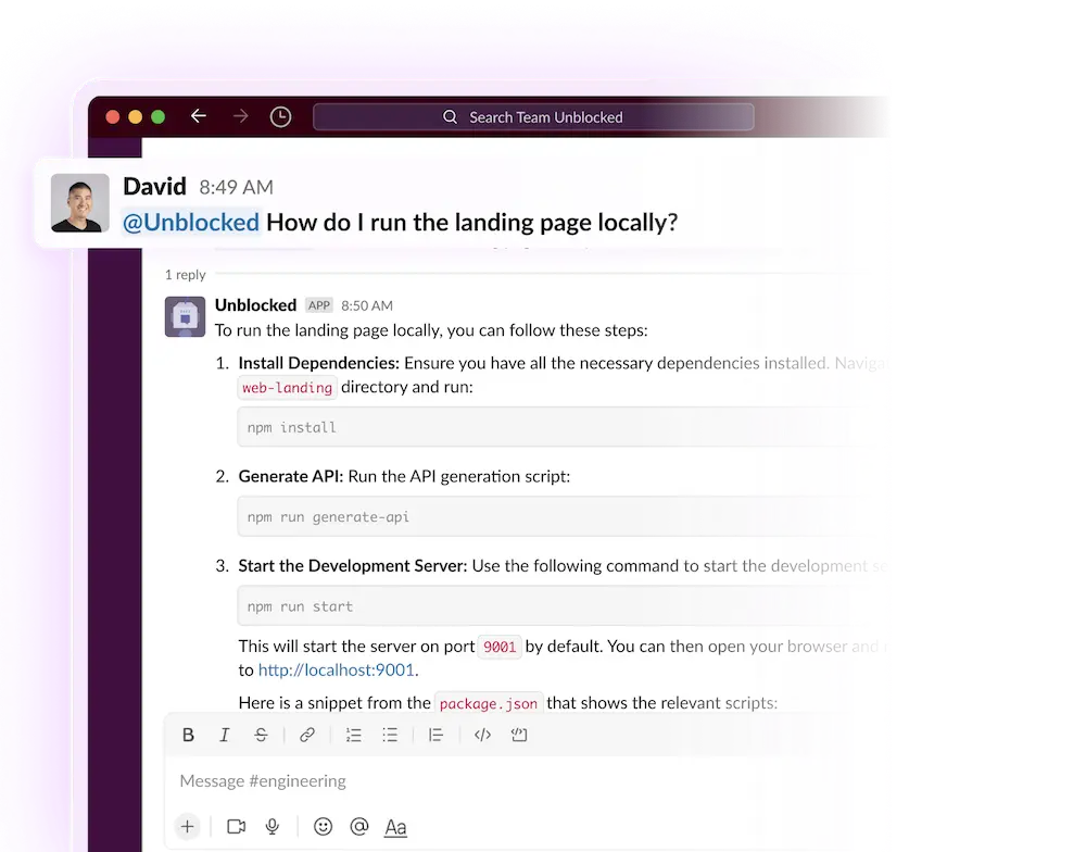 Unblock screenshot, Slack integration Question and Answer