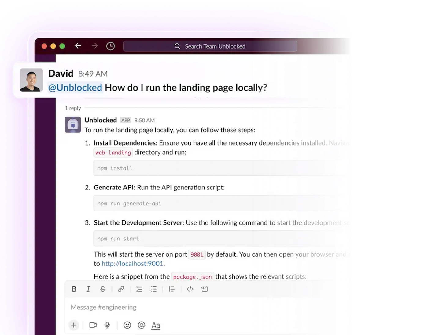 Unblock screenshot, Slack integration Question and Answer