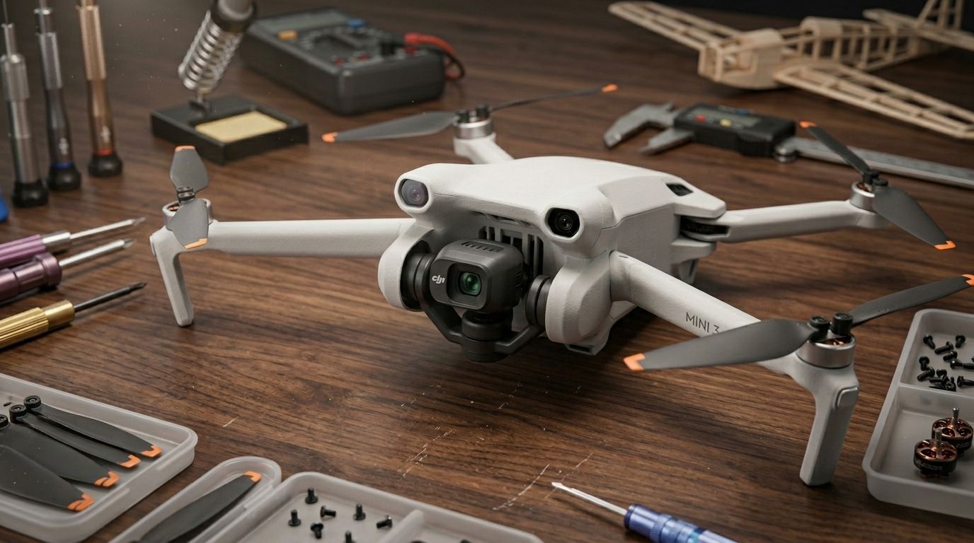 Drone DJI Mini 3 aberto sobre bancada de manutenção com iluminação profissional.