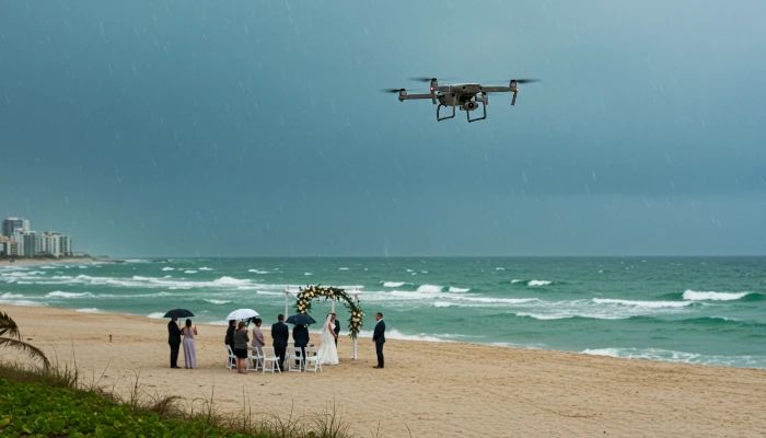 drone DJI voando na praia para fotografar um casamento em Miami
