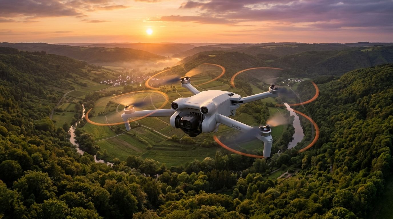 Drone DJI Mini 3 voando sobre paisagem verde com luz solar lateral.