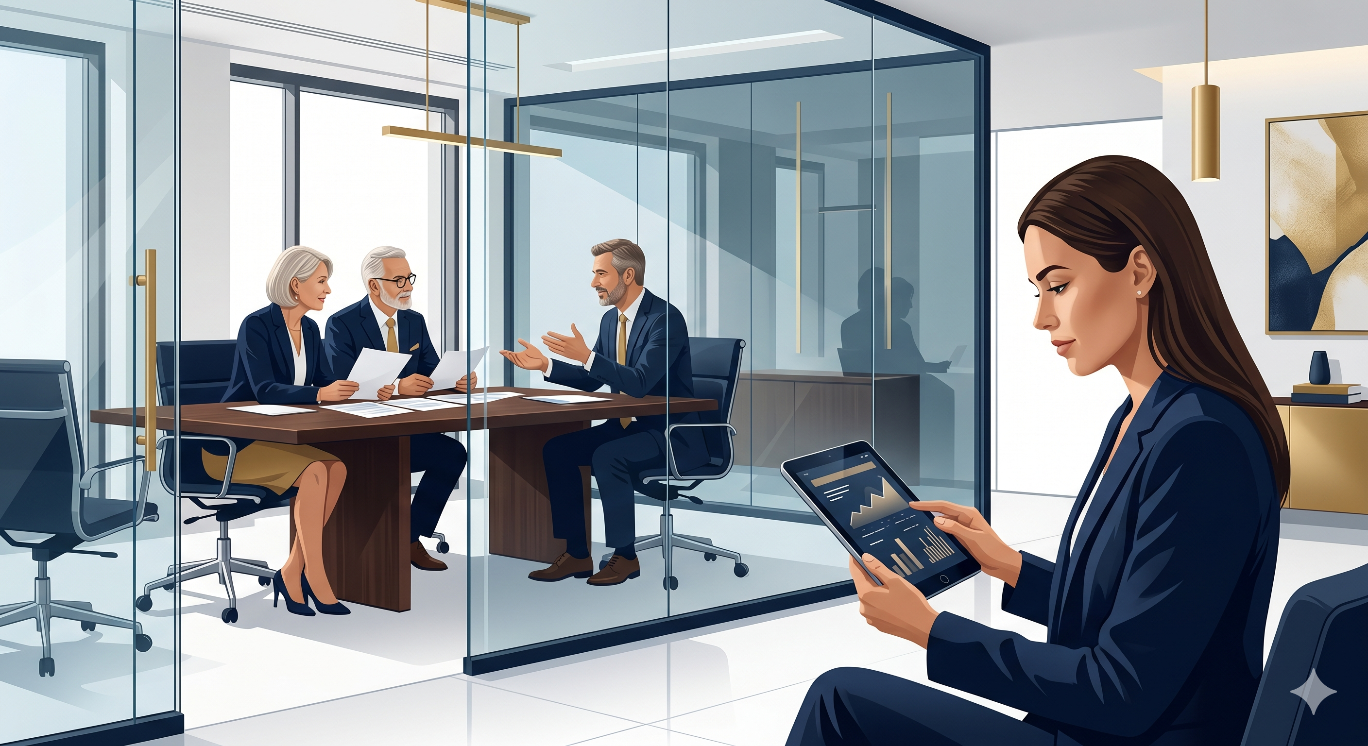 A millennial heir reviews a wealth management firm's digital content on a tablet while the previous generation meets with their advisor in a glass office