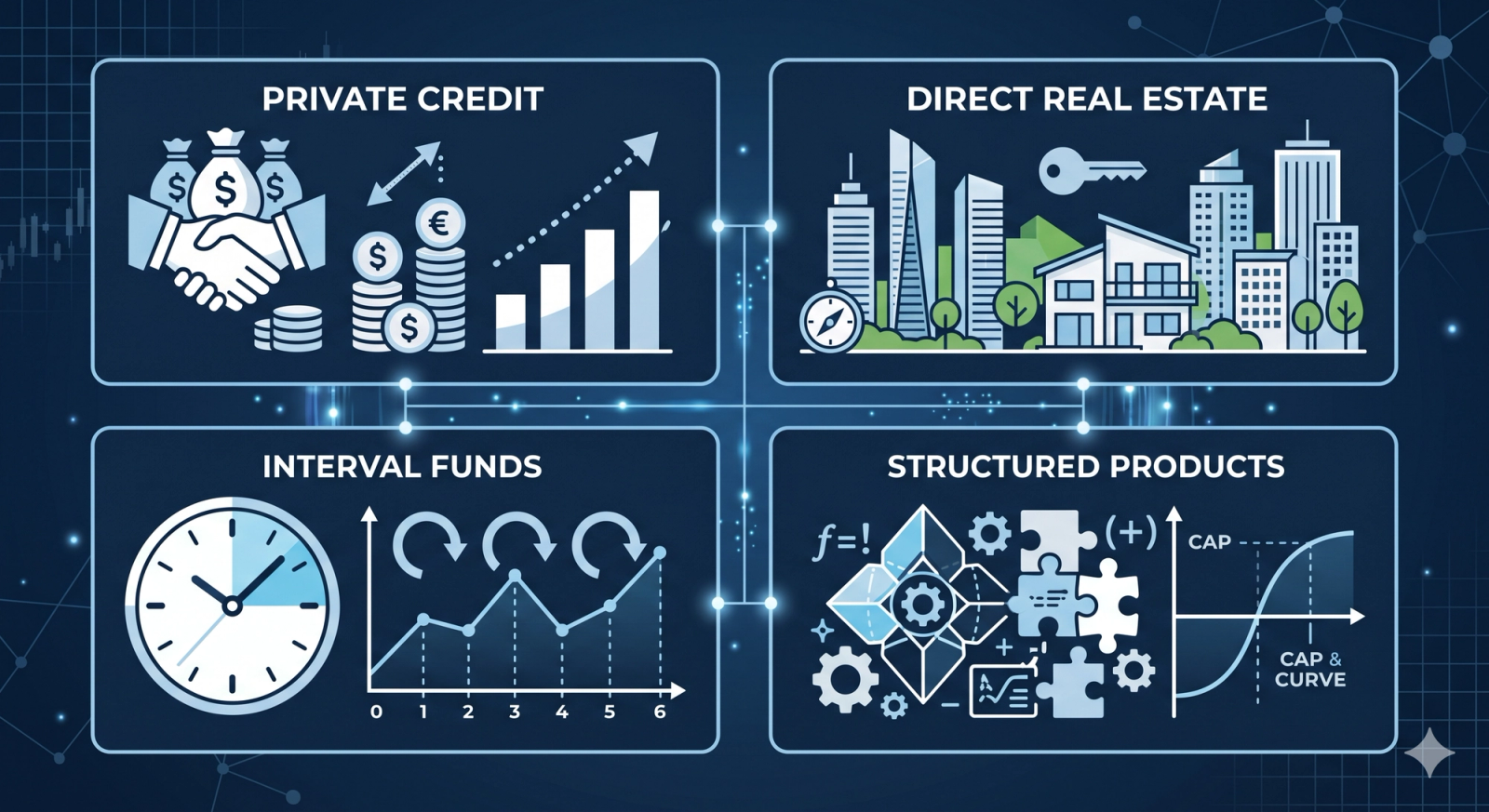 Infographic representing private market and alternative investment categories relevant to HNW wealth management differentiation strategies