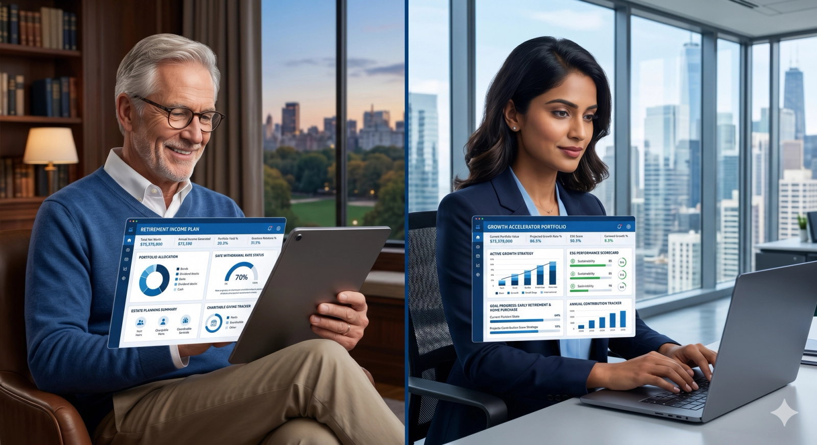 Personalized wealth management dashboards for different HNW client segments, reflecting the new standard in financial advisor marketing and client experience