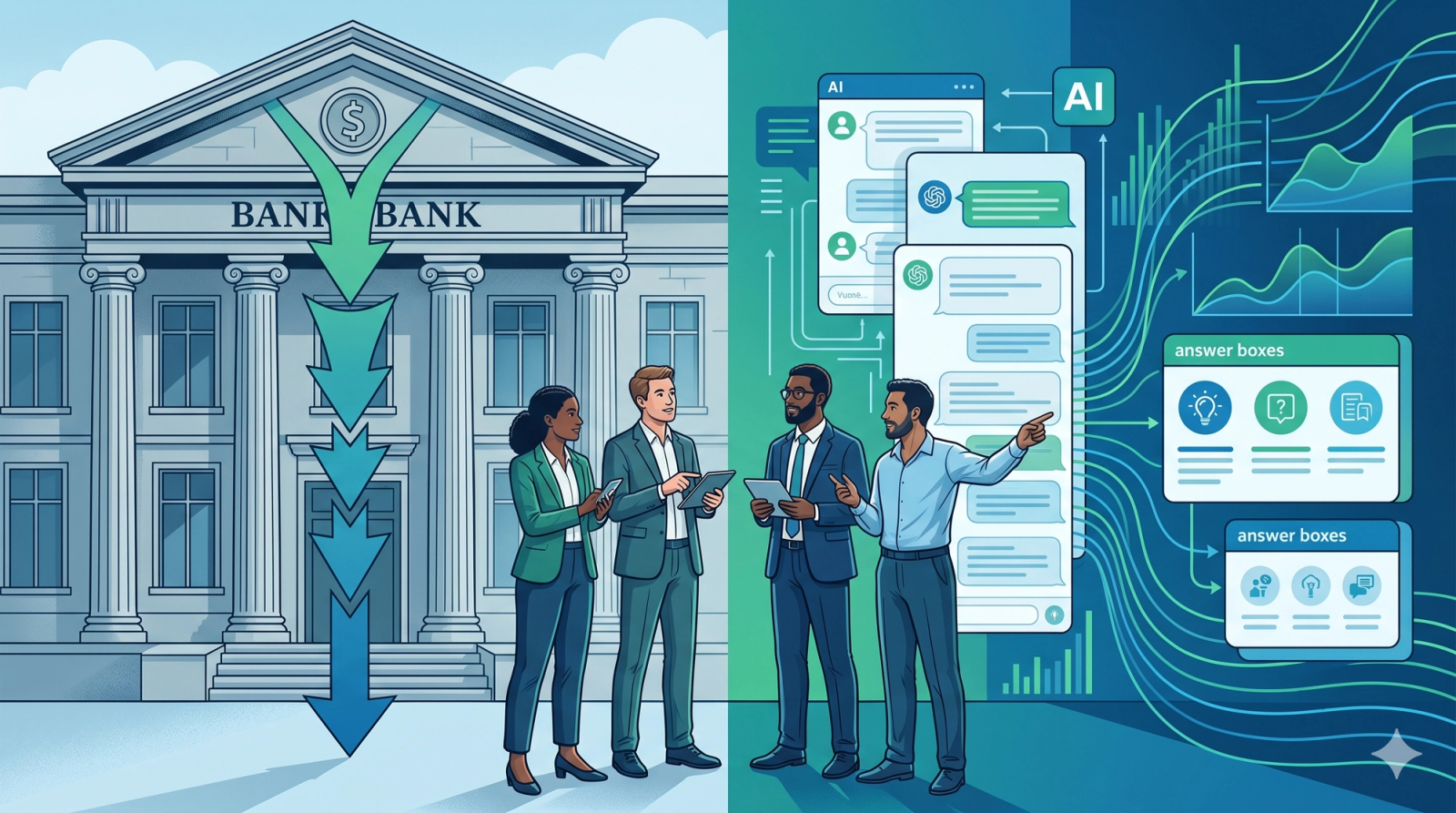 Financial services marketing team transitioning from traditional search funnels to AI-driven discovery and answer-led marketing strategies.