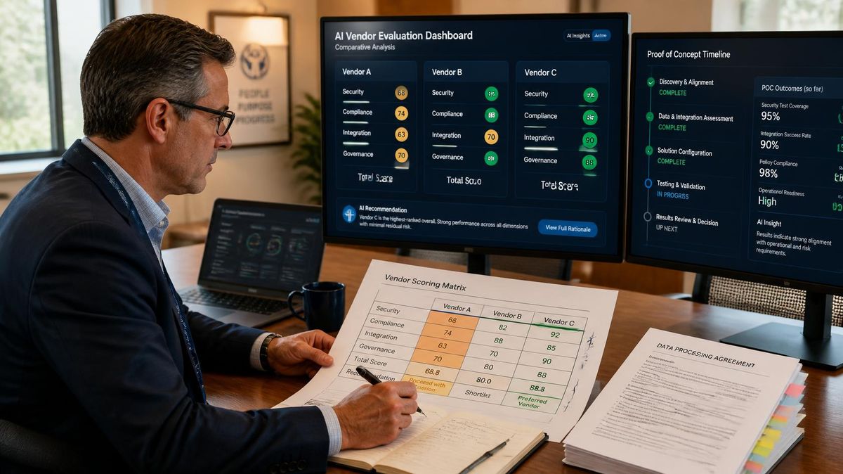 Credit union executive scoring AI vendor proposals using a structured comparison matrix at a standing desk.