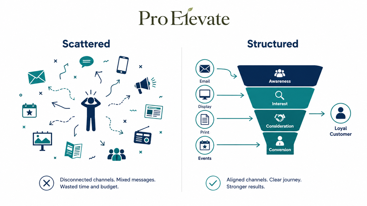Split-panel flat-design illustration comparing two approaches to credit union marketing channel allocation. Left panel, labeled "Scattered": a small figure stands at the center surrounded by overlapping channel icons for social media, email, display advertising, print, radio, and events. Arrows point in all directions with no clear order, conveying confusion and overextension. Right panel, labeled "Structured": the same figure stands at the center of a clean funnel diagram with four channels feeding into it in a left-to-right sequence. Arrows flow in one direction, suggesting clarity and prioritization. Navy and teal color palette on a white background.
