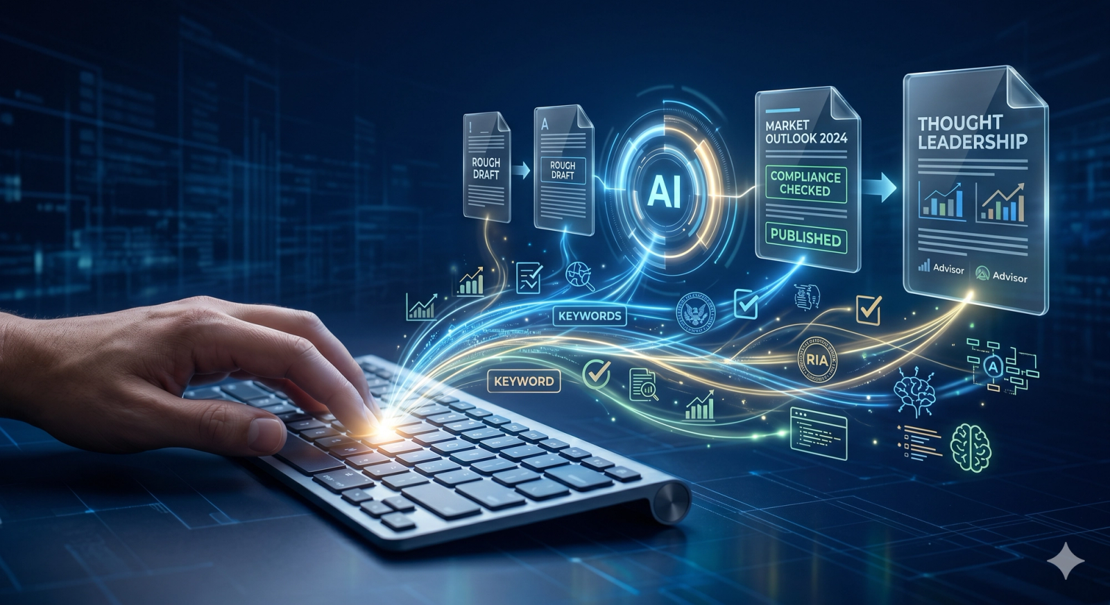 AI-assisted content marketing workflow for financial advisors showing human oversight combined with digital tools