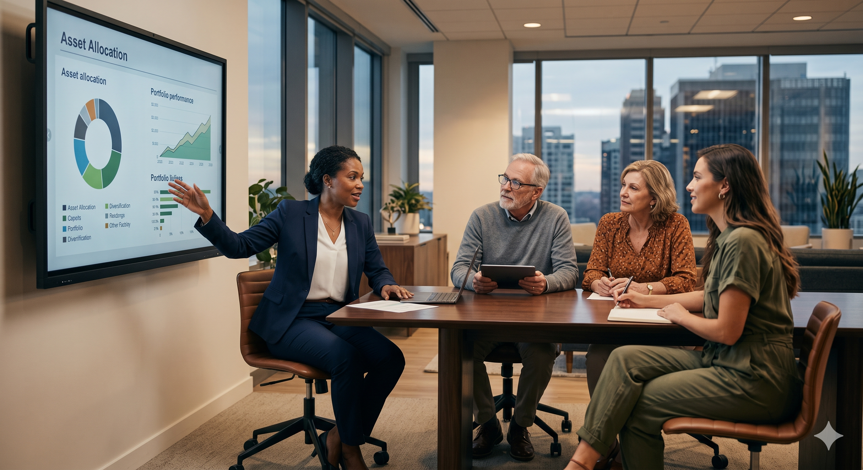  Alt text: "Financial advisor meeting with two generations of clients to discuss wealth transfer planning, illustrating the shift in wealth management marketing in 2026"
