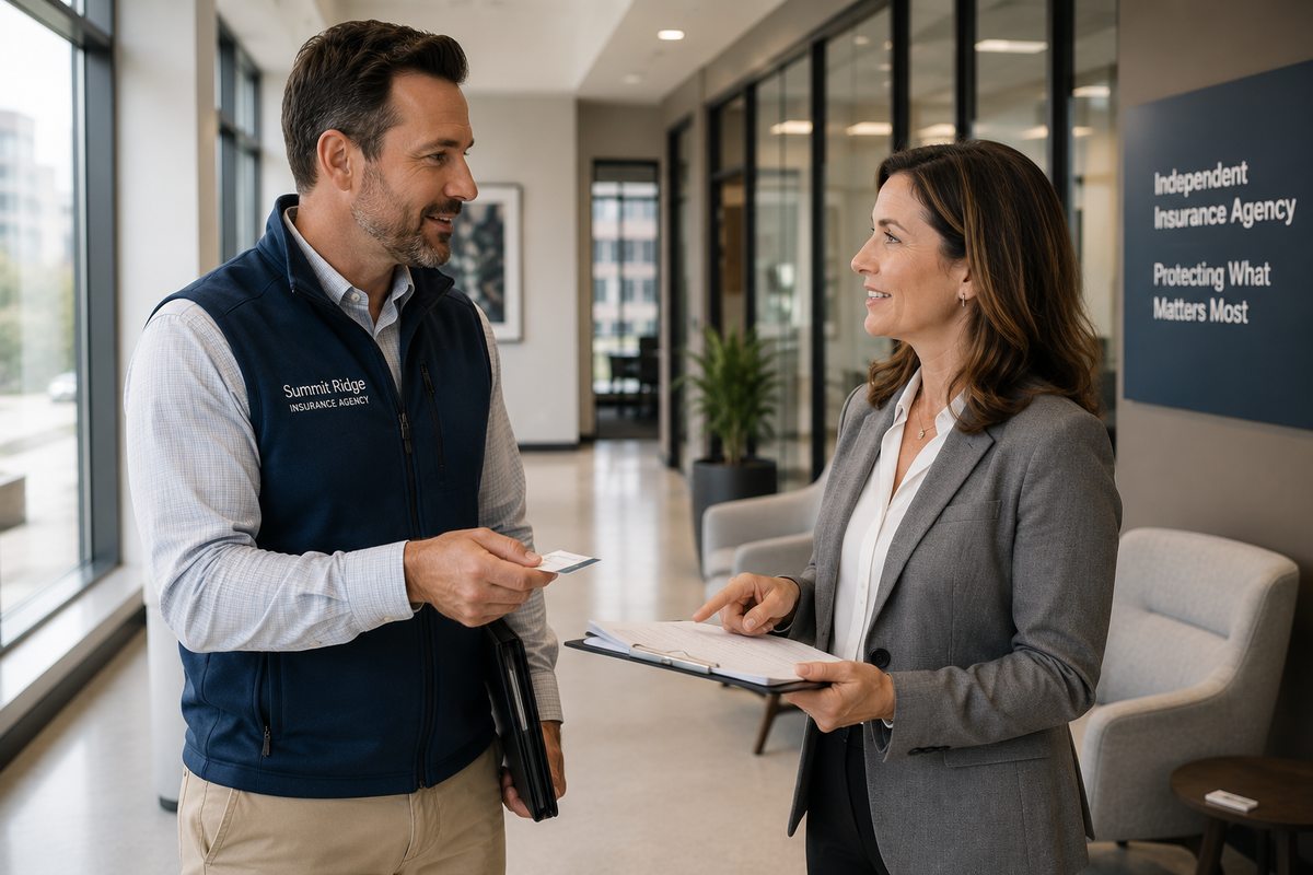 An insurance producer and a commercial banker exchange contact information in a modern office setting, representing a referral relationship.
